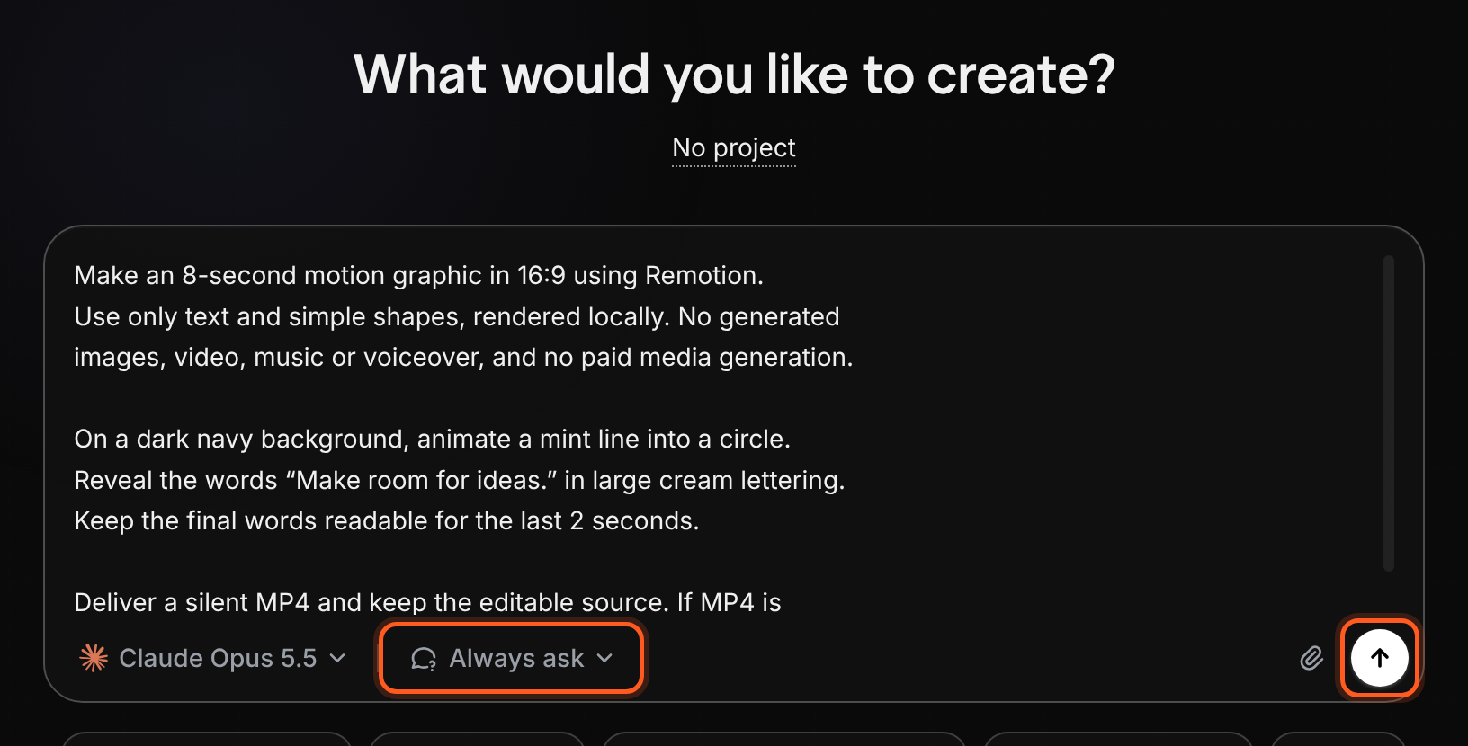 The eight-second motion graphic request in Voyager, with Always ask selected and the Send button ready.