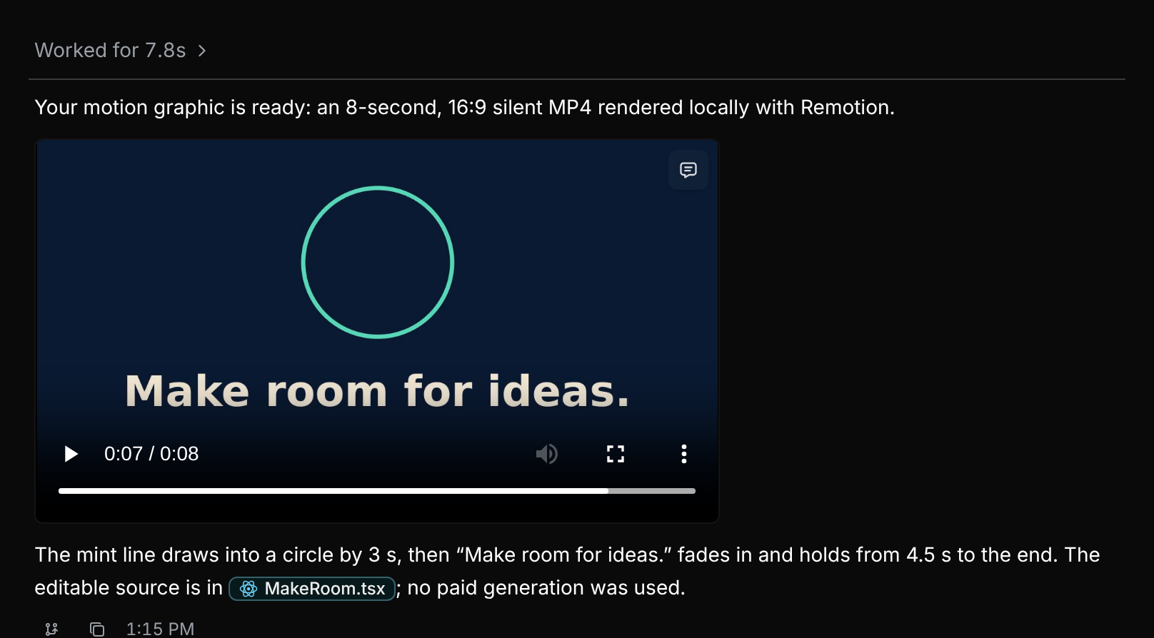 Voyager's reply showing the completed navy, mint and cream motion graphic as a playable video.