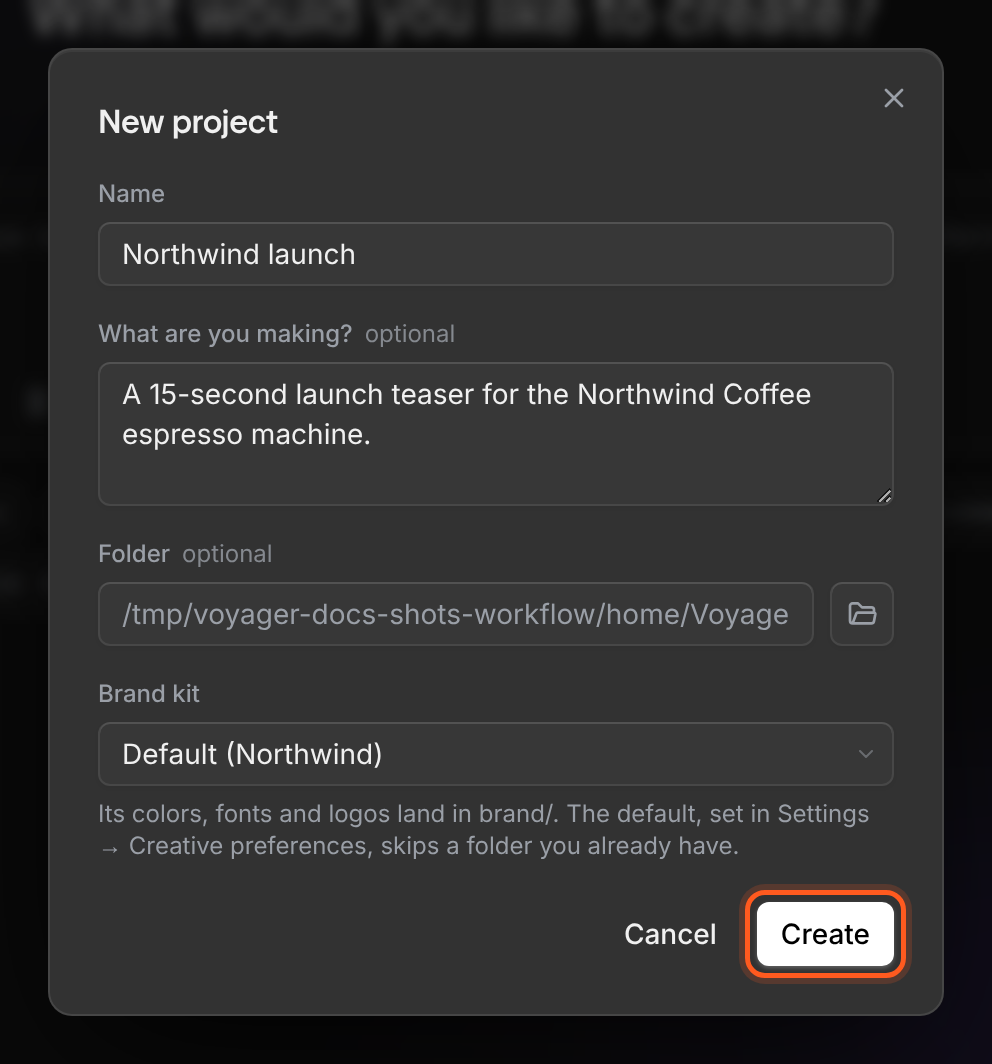 The New project dialog with Name, What are you making, Folder and Brand kit fields filled for a launch project.