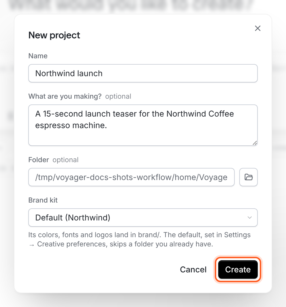 The New project dialog with Name, What are you making, Folder and Brand kit fields filled for a launch project.