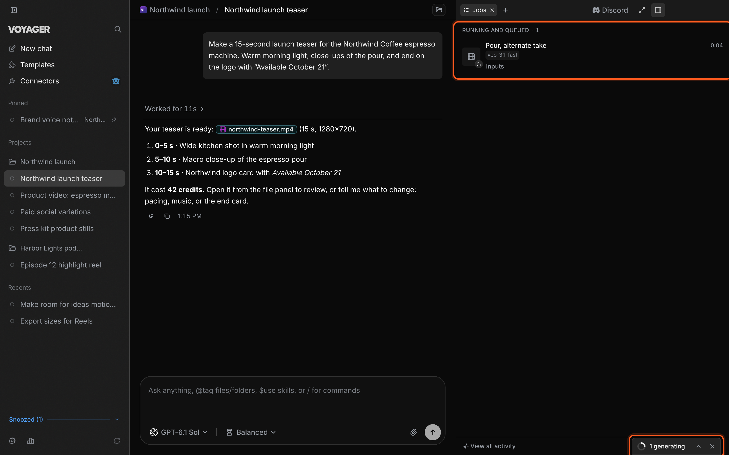 A Voyager chat with Jobs open, showing running and queued work and the activity tray.