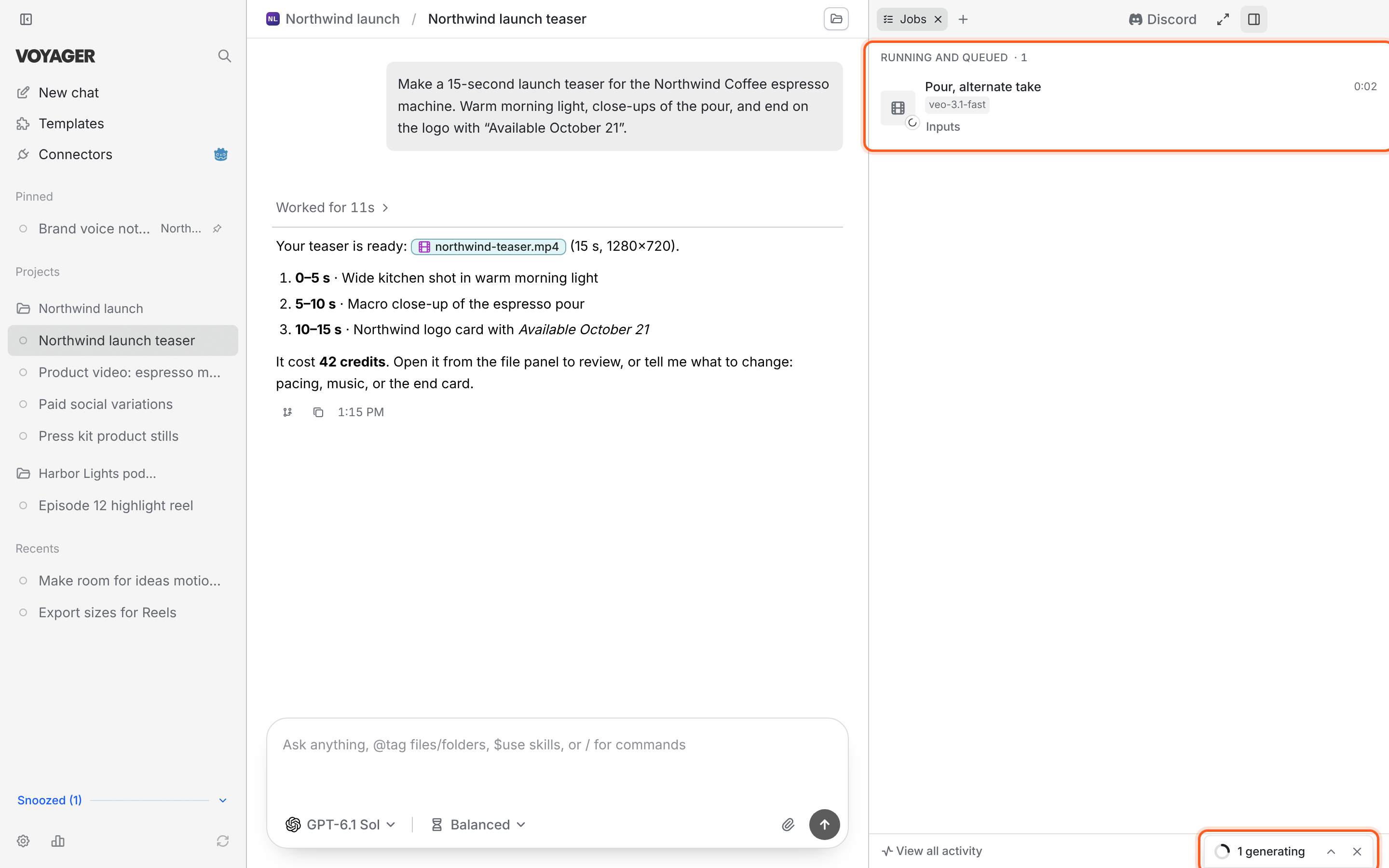A Voyager chat with Jobs open, showing running and queued work and the activity tray.