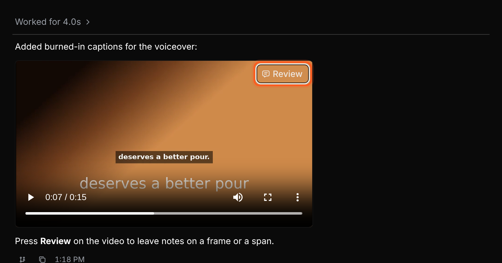 A video in a Voyager reply with the Review button visible.