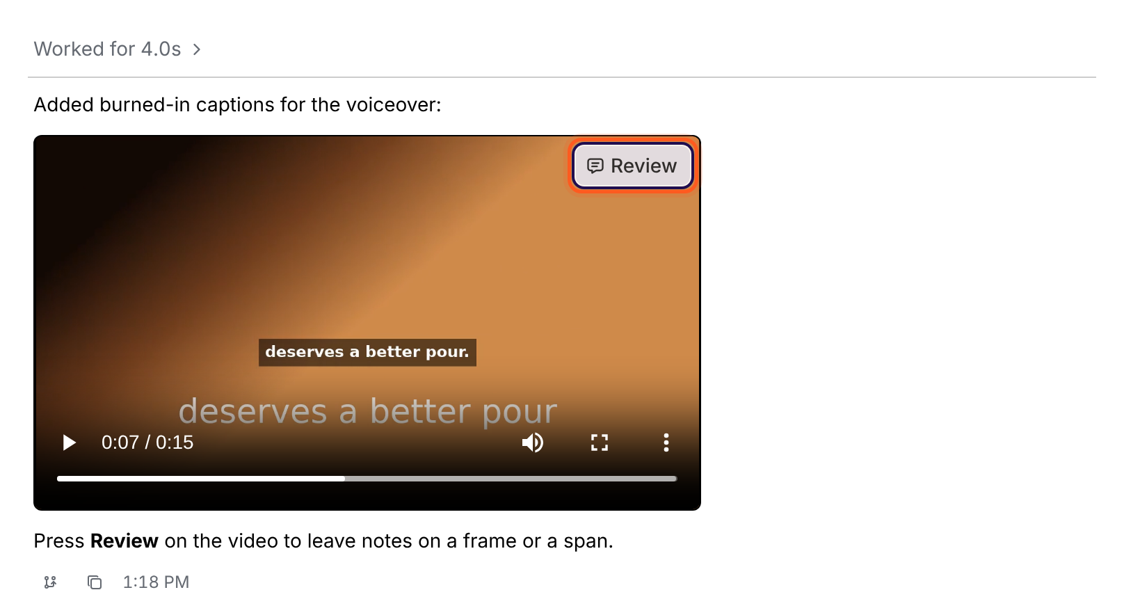 A video in a Voyager reply with the Review button visible.