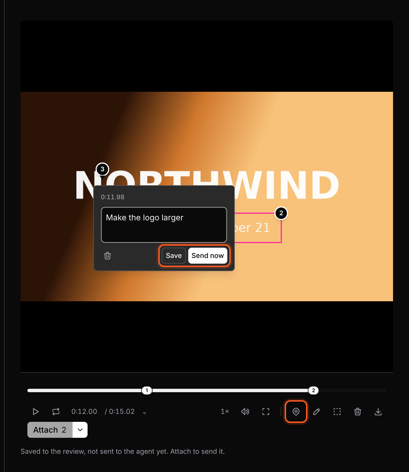 The review player with a pin comment, a drawn box and controls for saving or sending the note.