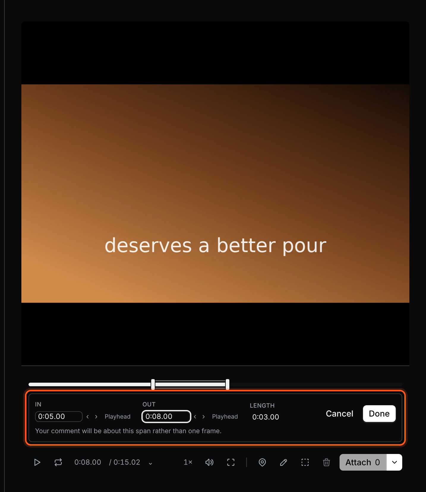 The review time-range controls showing In, Out and Length for a selected section of video.