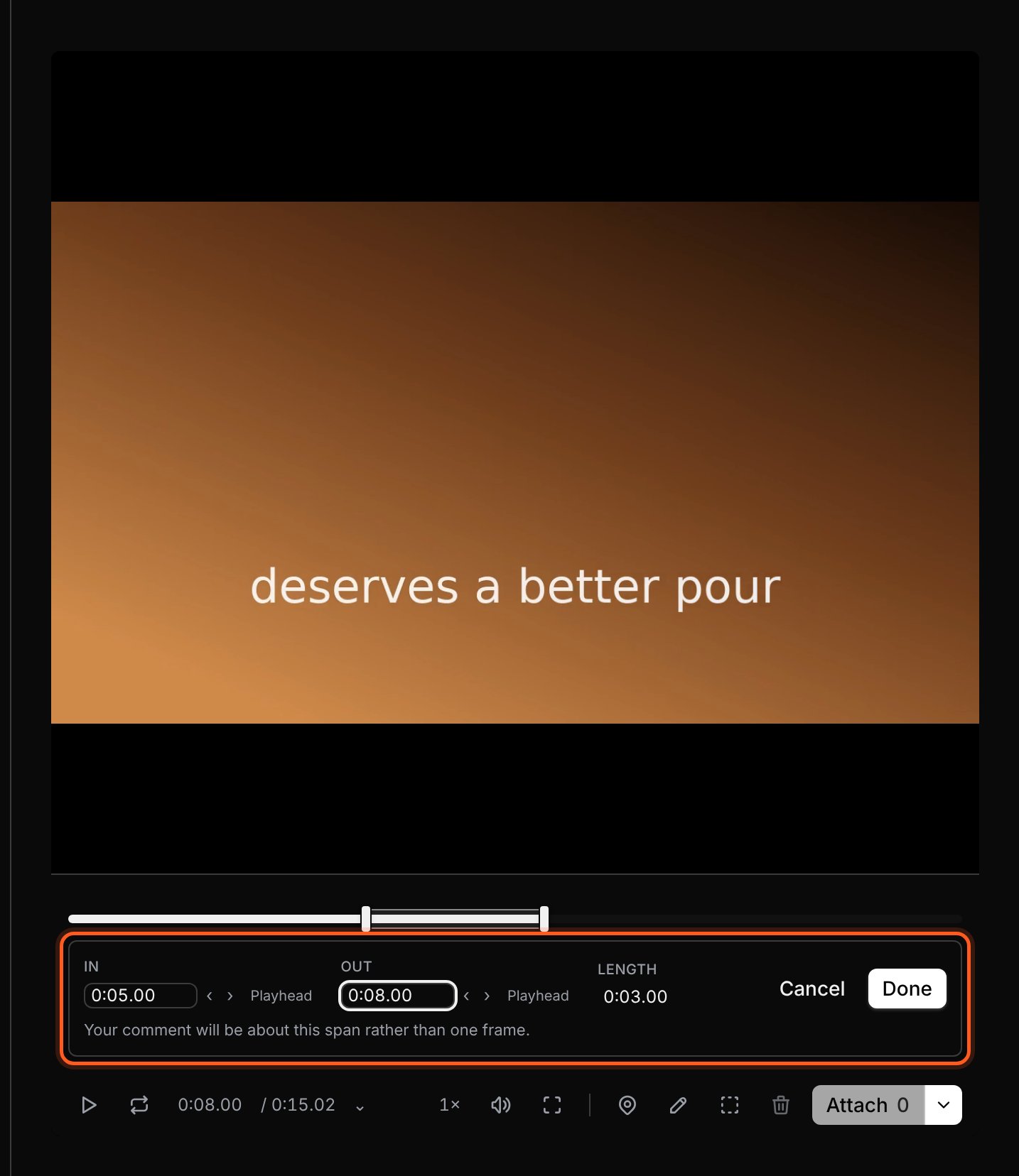 The review time-range controls showing In, Out and Length for a selected section of video.