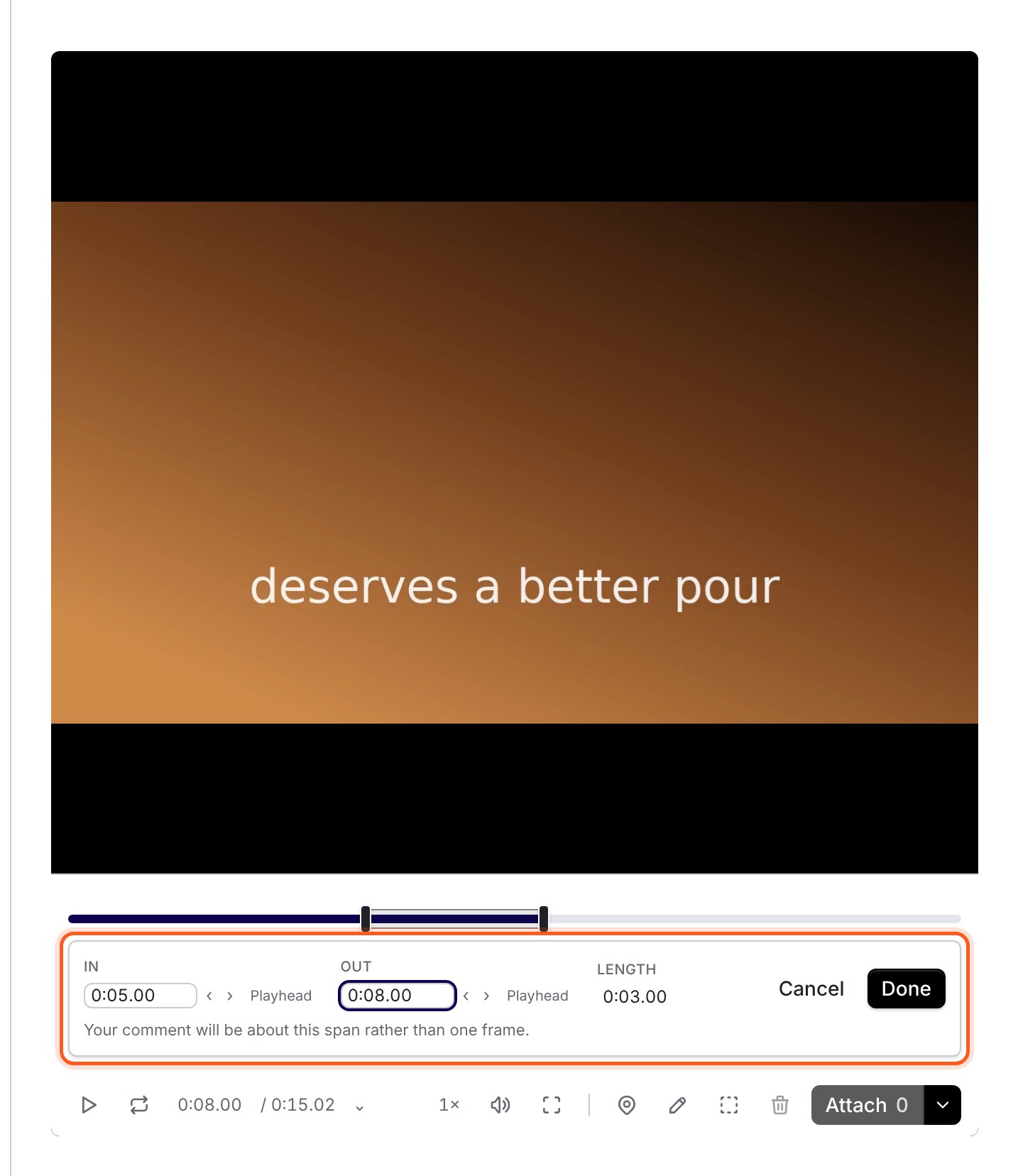 The review time-range controls showing In, Out and Length for a selected section of video.