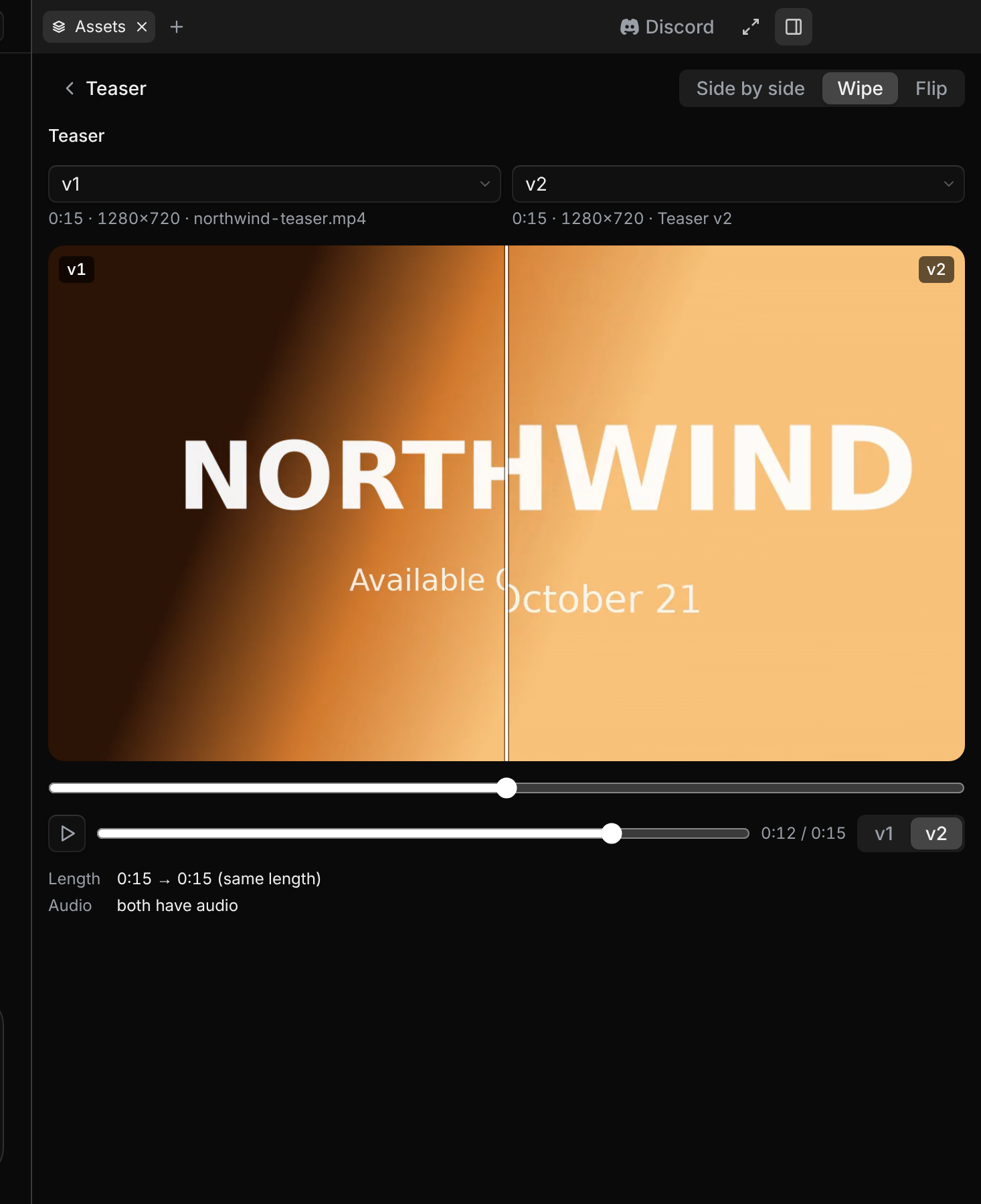 Two versions of a video in Assets with Compare open in Wipe mode.