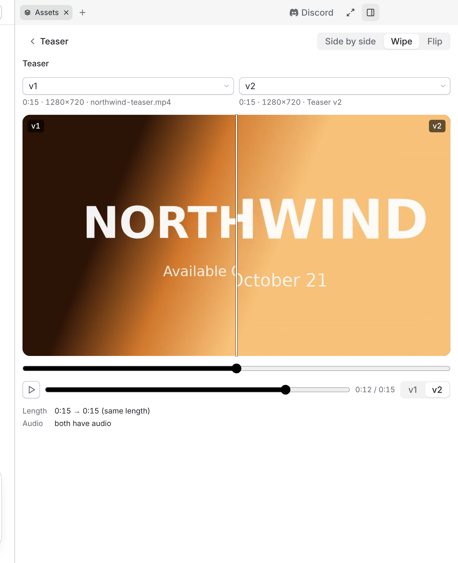Two versions of a video in Assets with Compare open in Wipe mode.