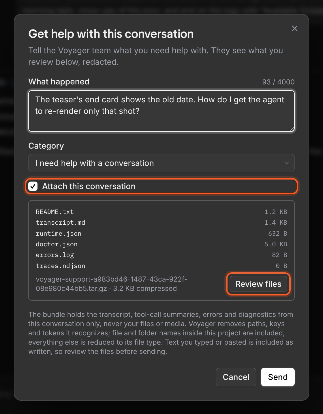 Get help dialog with Attach this conversation enabled and the support bundle files open for review.