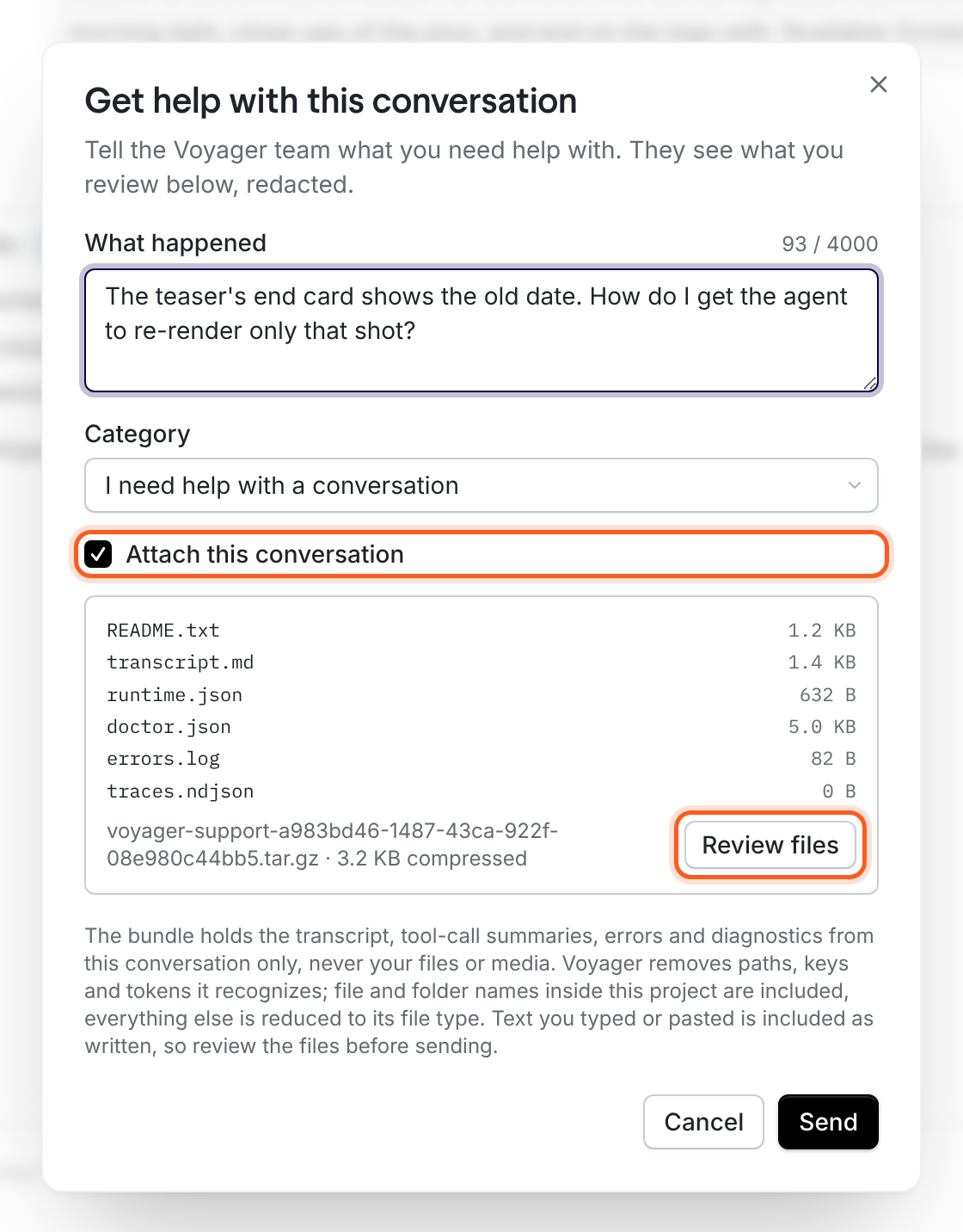 Get help dialog with Attach this conversation enabled and the support bundle files open for review.