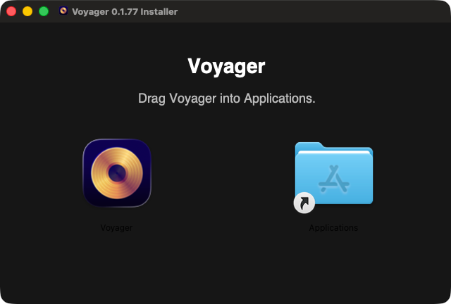 The Voyager installer window, with the Voyager app icon on the left and an Applications folder shortcut on the right.