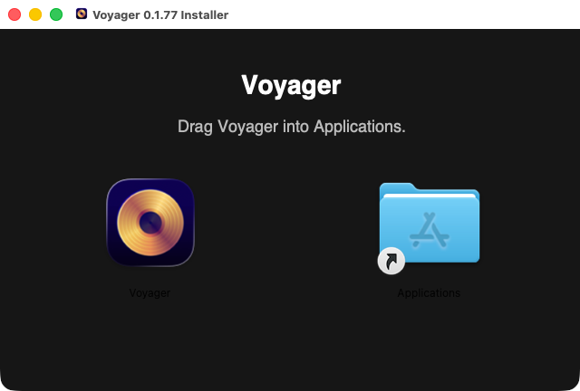 The Voyager installer window, with the Voyager app icon on the left and an Applications folder shortcut on the right.