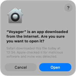A macOS dialog saying Voyager is an app downloaded from the internet, with an Open button.