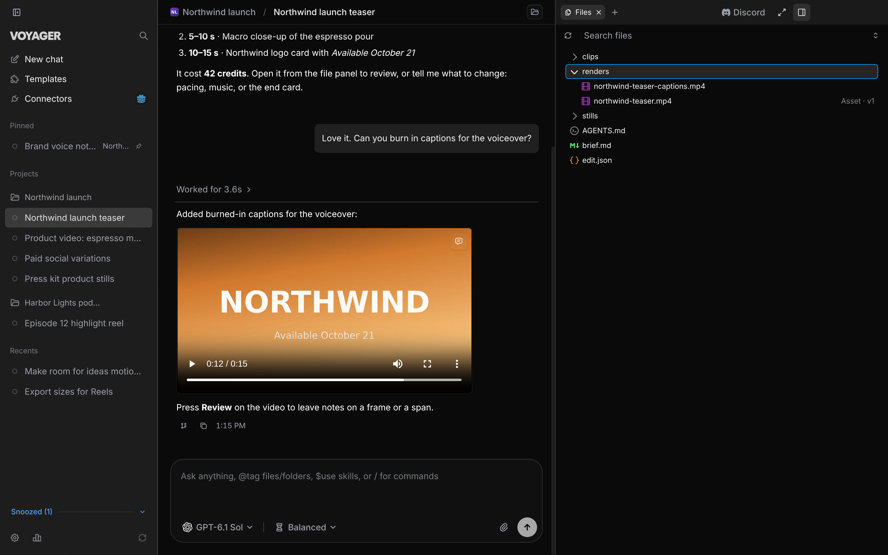 The Voyager window with a chat, a finished video playing inline and the Files panel open on the right.