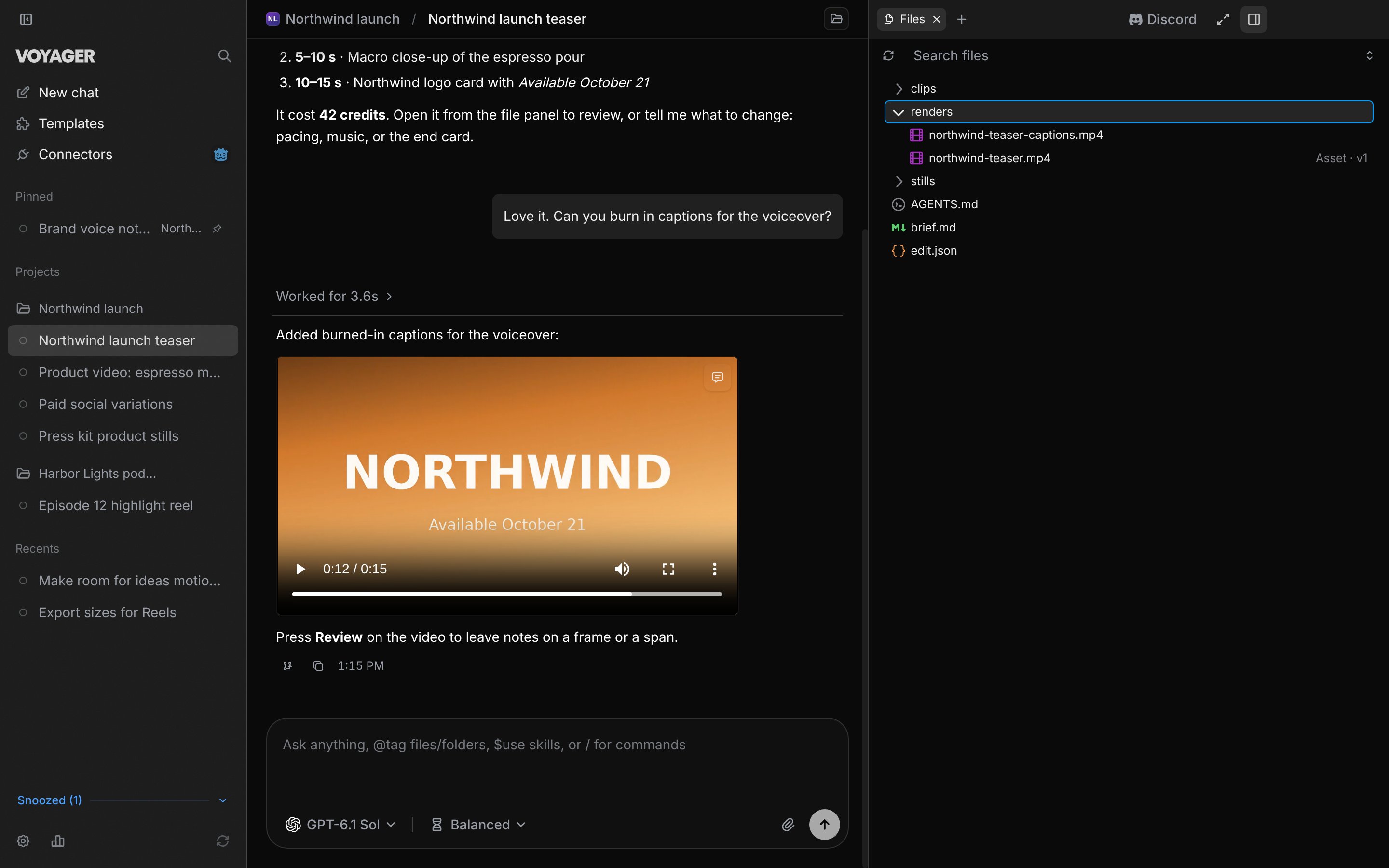 The Voyager window with a chat, a finished video playing inline and the Files panel open on the right.