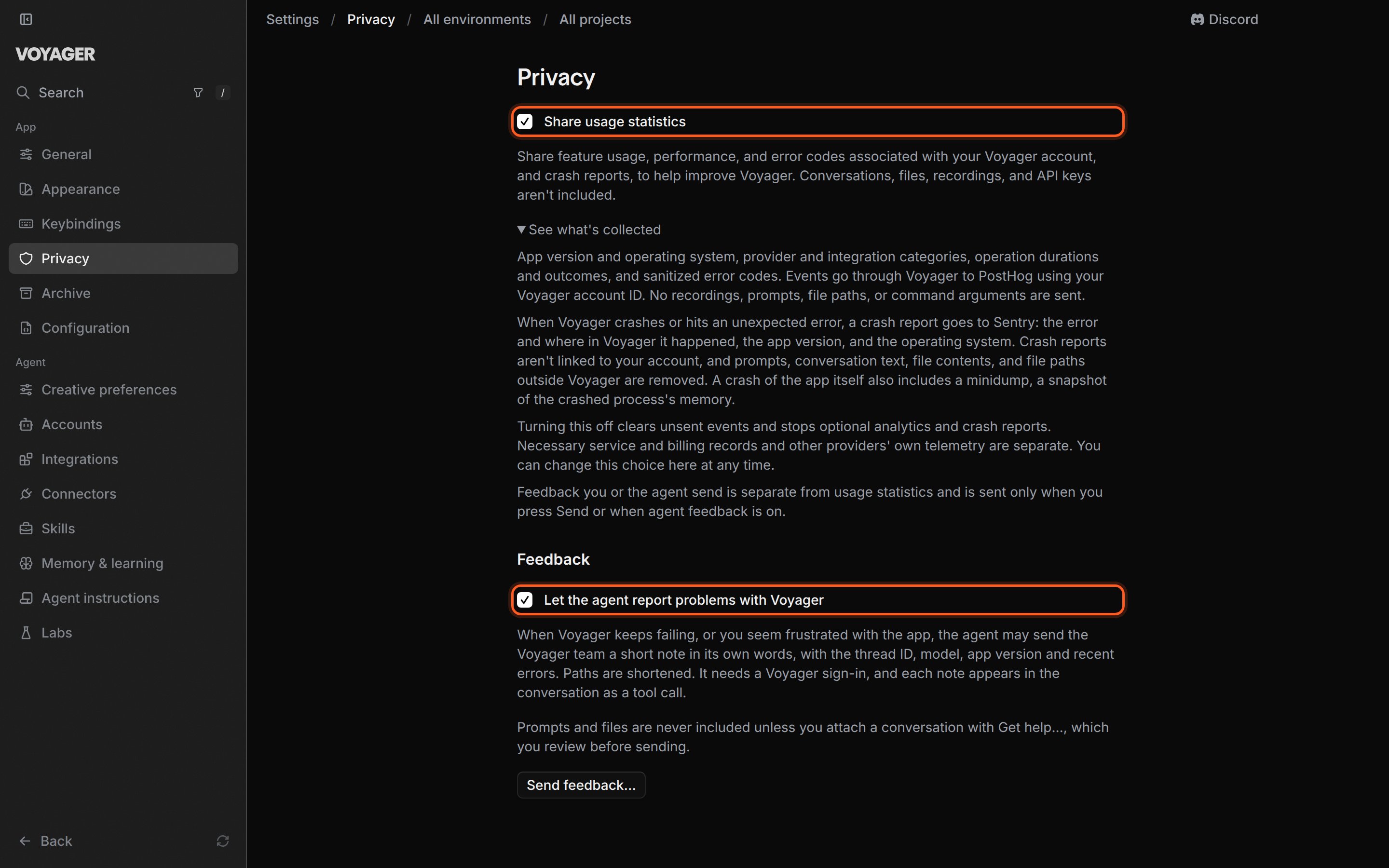 The Privacy settings page. The Share usage statistics checkbox is ticked, with its description and See what's collected expanded. Under a Feedback heading, the Let the agent report problems with Voyager checkbox is ticked, followed by its description and a Send feedback… button.