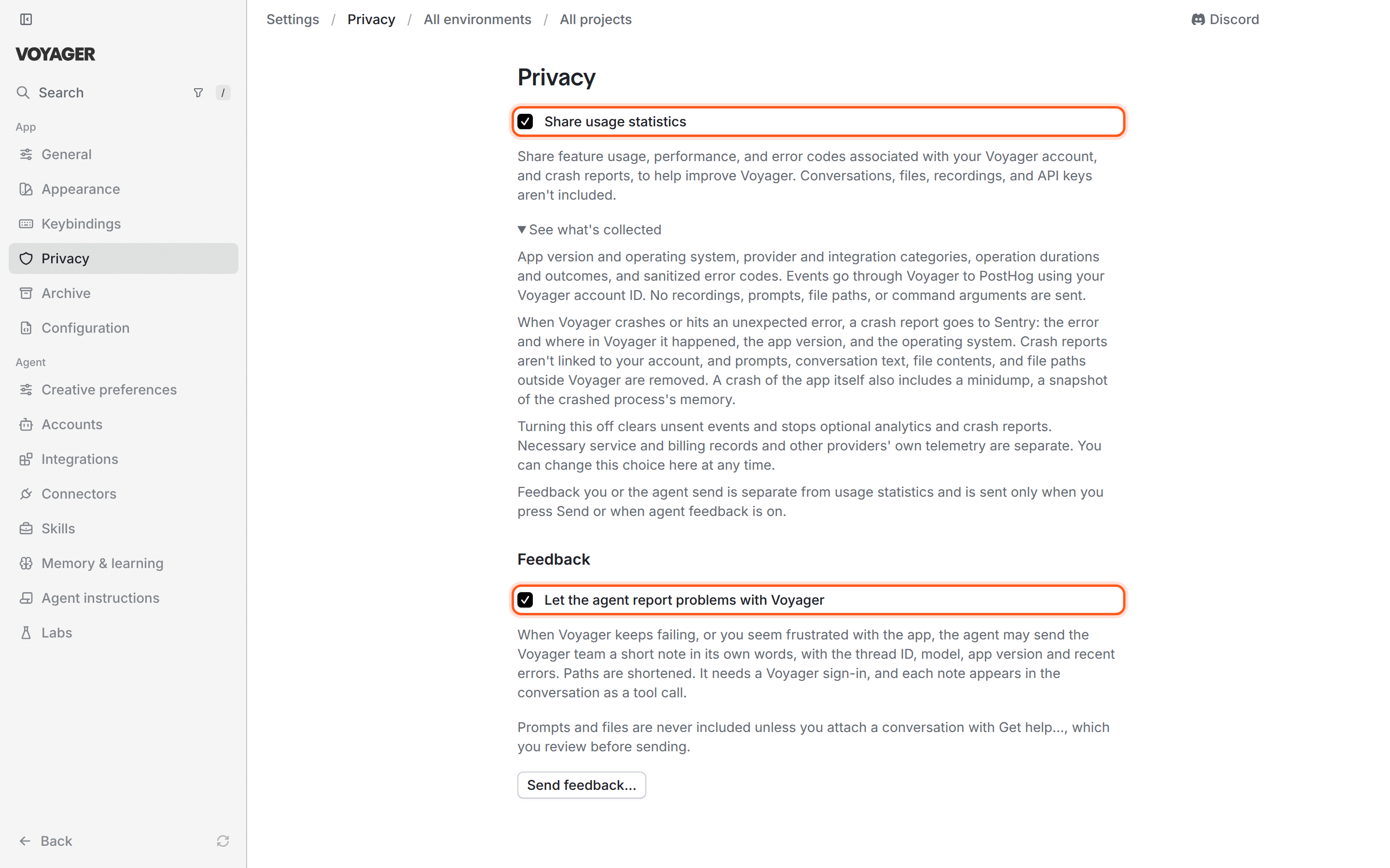 The Privacy settings page. The Share usage statistics checkbox is ticked, with its description and See what's collected expanded. Under a Feedback heading, the Let the agent report problems with Voyager checkbox is ticked, followed by its description and a Send feedback… button.