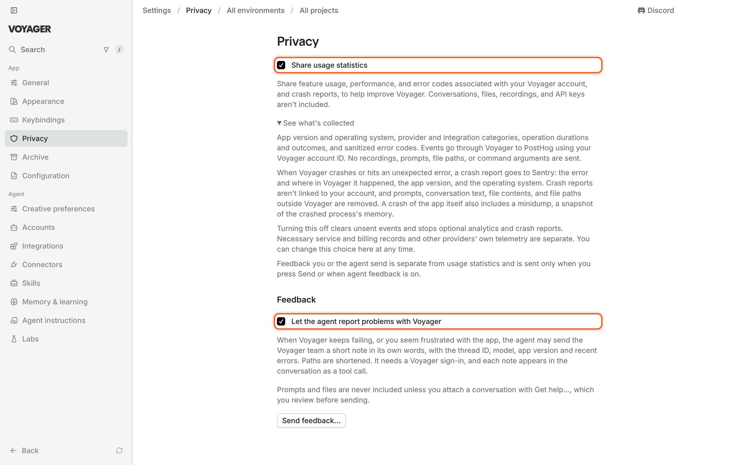 The Privacy settings page. The Share usage statistics checkbox is ticked, with its description and See what's collected expanded. Under a Feedback heading, the Let the agent report problems with Voyager checkbox is ticked, followed by its description and a Send feedback… button.