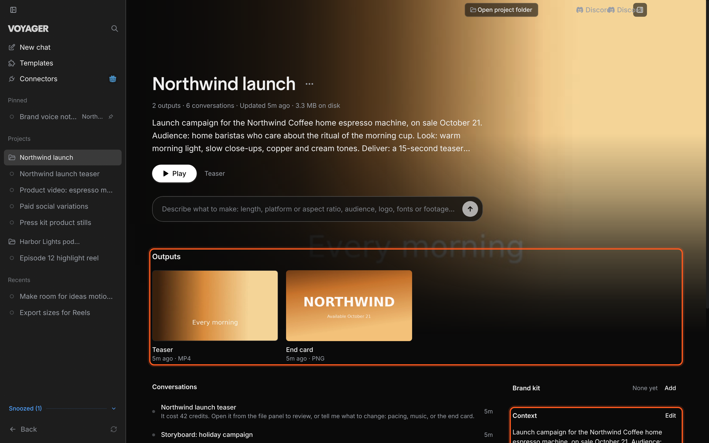 A project page showing Outputs, Conversations, Brand kit, Context, Editor preferences and Storage.
