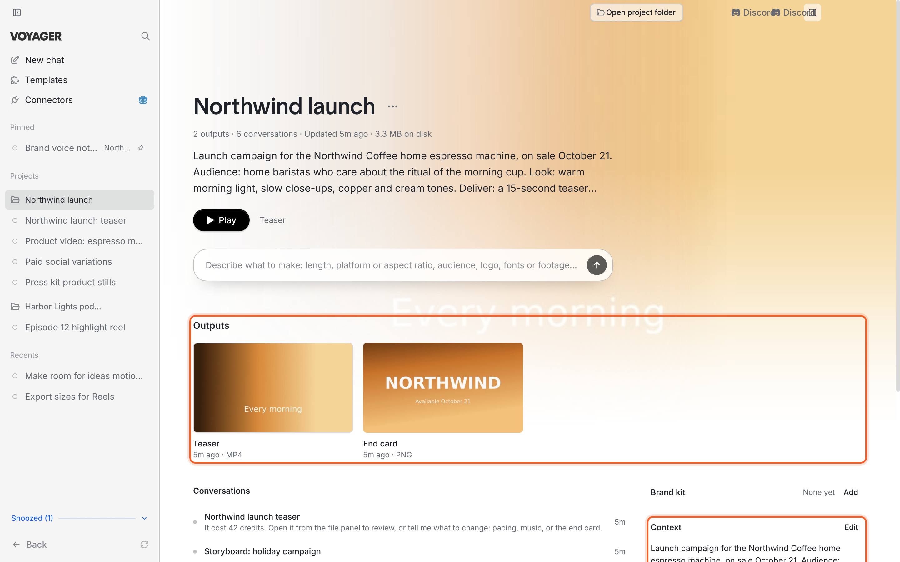 A project page showing Outputs, Conversations, Brand kit, Context, Editor preferences and Storage.