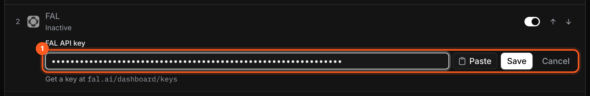 The FAL row expanded to show a FAL API key field with a pasted key, Paste, Save and Cancel buttons, and a Get a key at fal.ai/dashboard/keys hint.