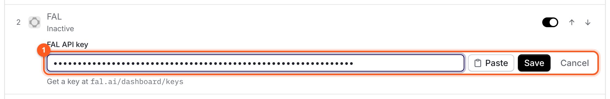 The FAL row expanded to show a FAL API key field with a pasted key, Paste, Save and Cancel buttons, and a Get a key at fal.ai/dashboard/keys hint.