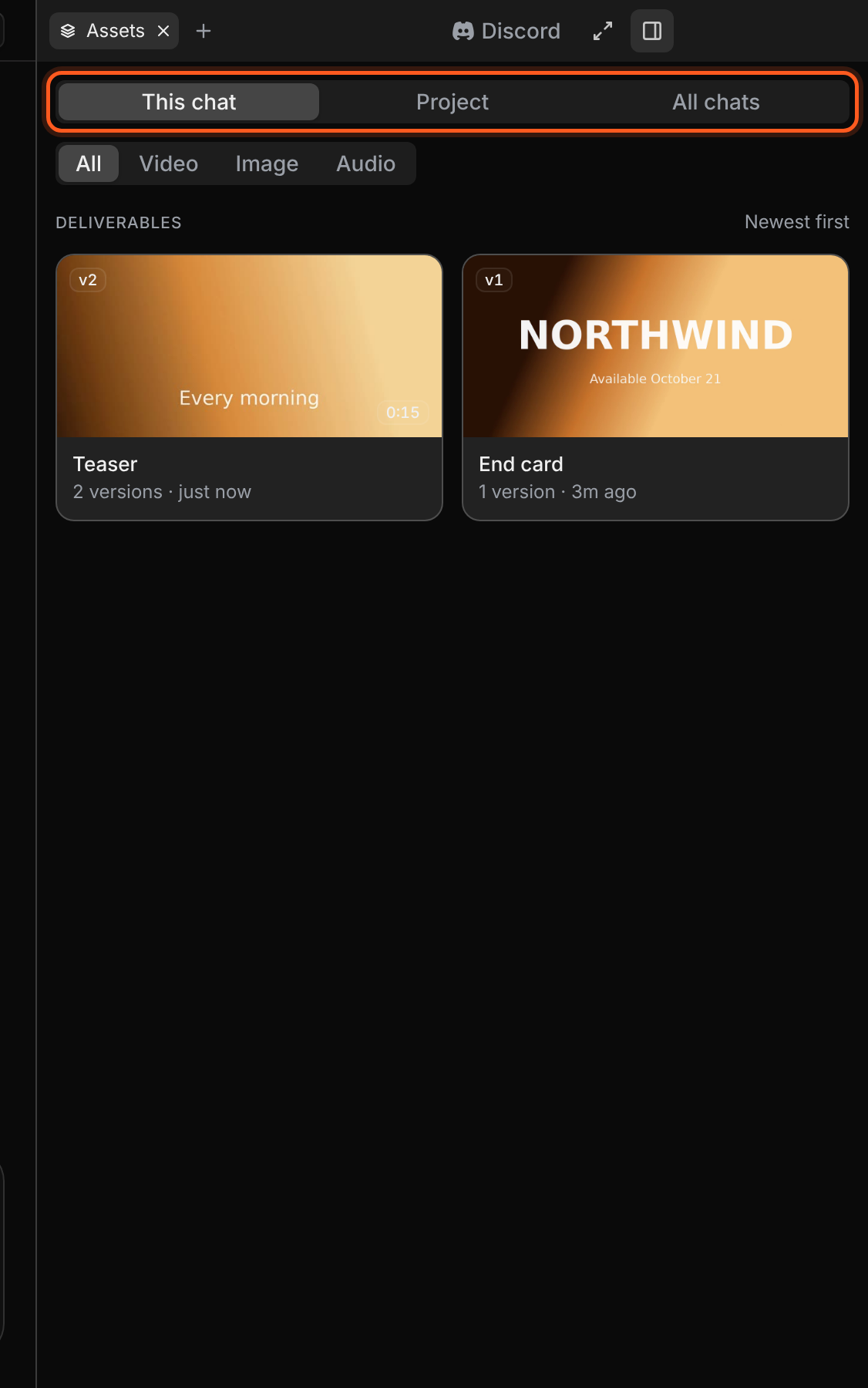 The Assets panel with a grid of delivered work and This chat, Project and All chats scope controls.
