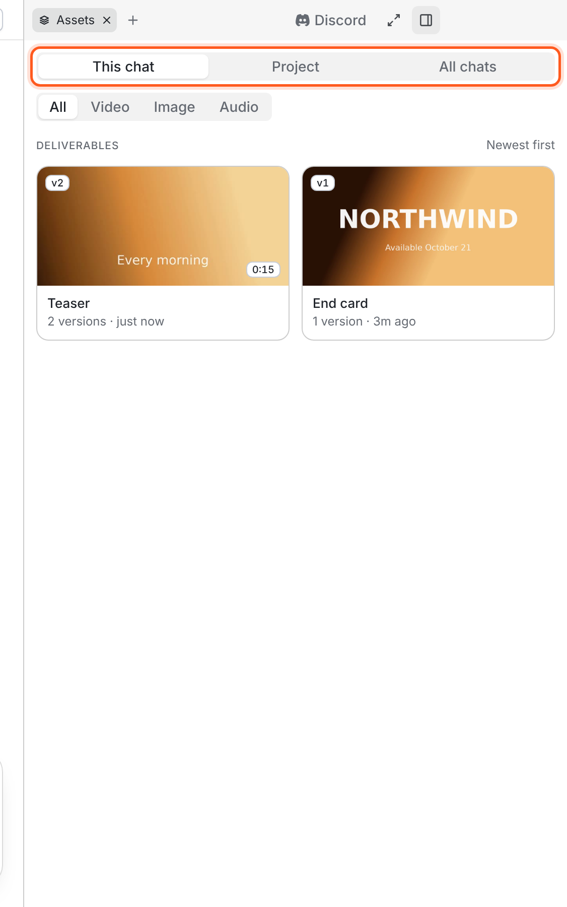 The Assets panel with a grid of delivered work and This chat, Project and All chats scope controls.