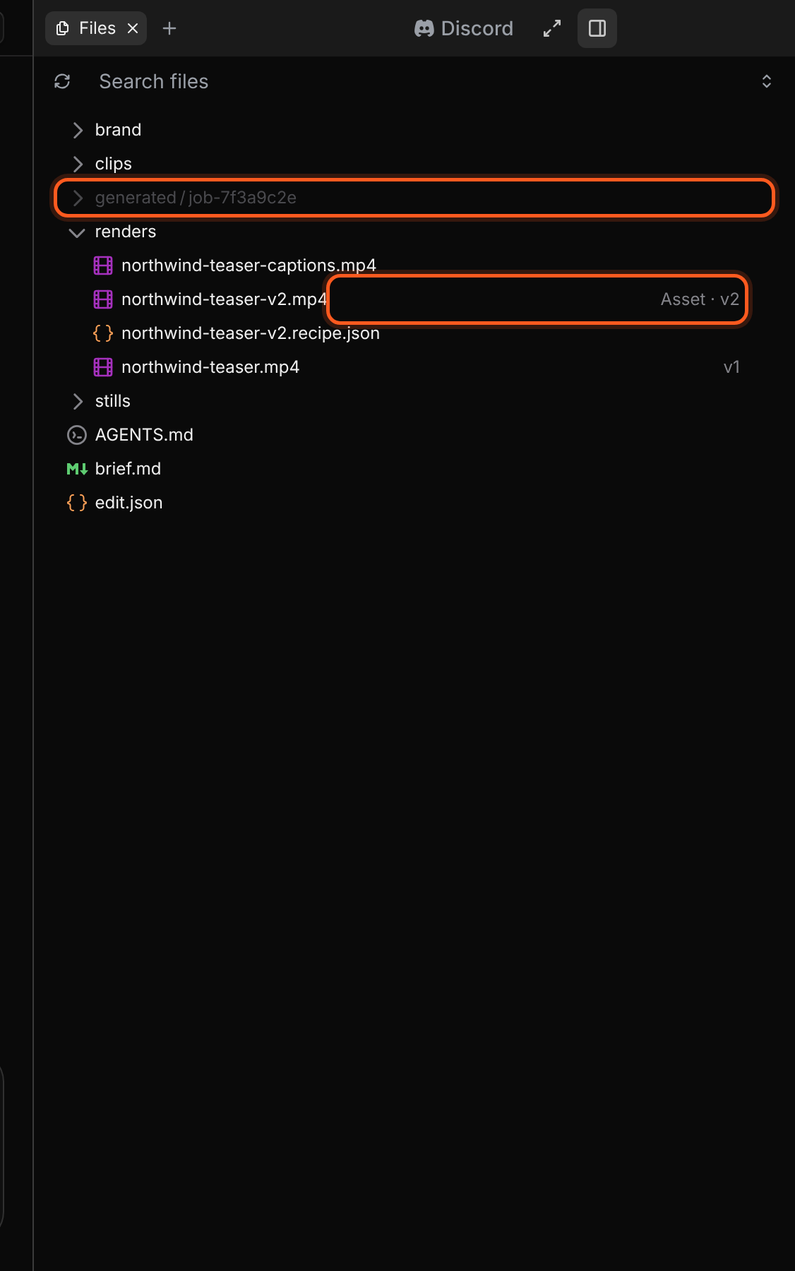 The Files panel with a project file tree, an asset version label and an image preview.