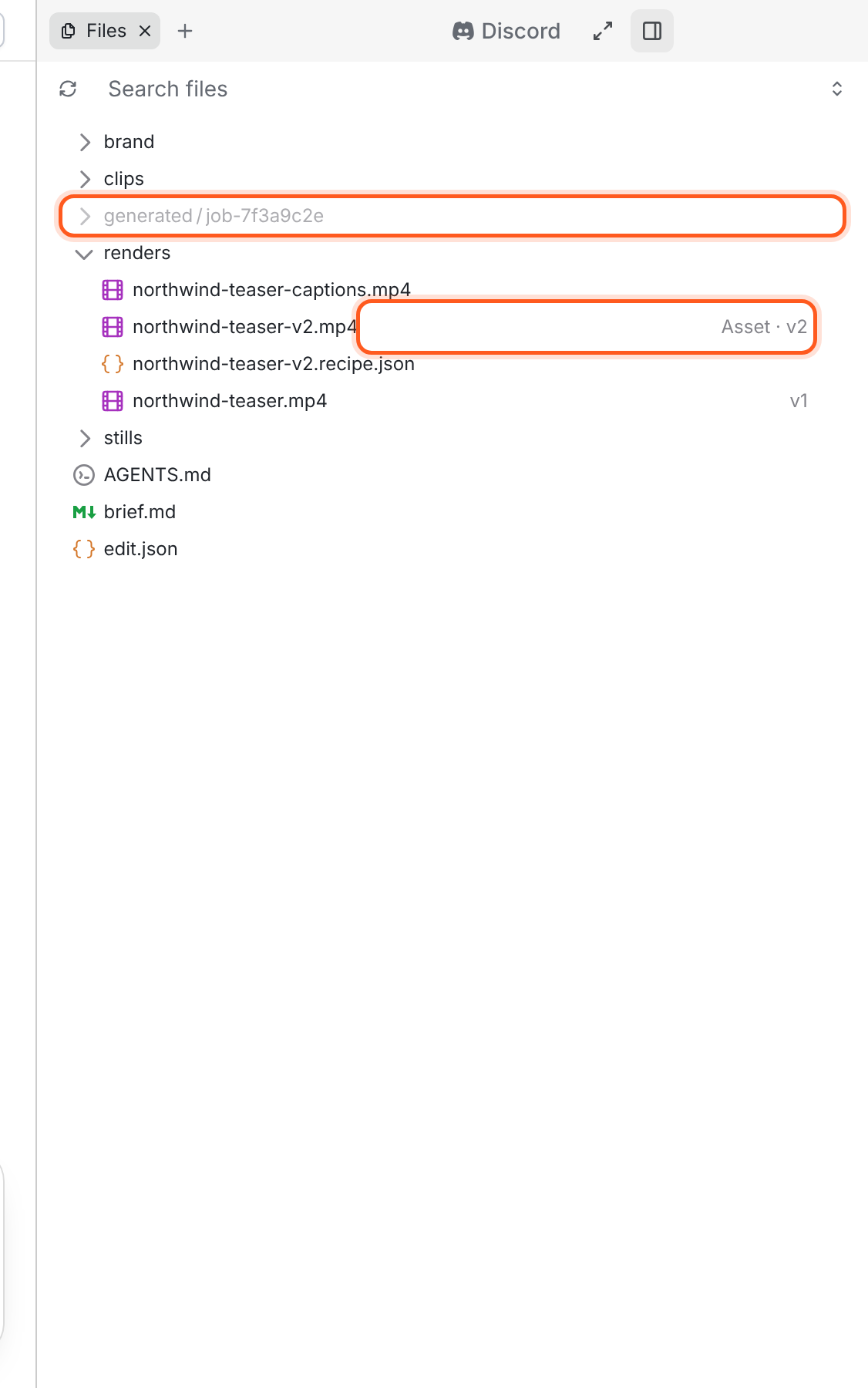 The Files panel with a project file tree, an asset version label and an image preview.