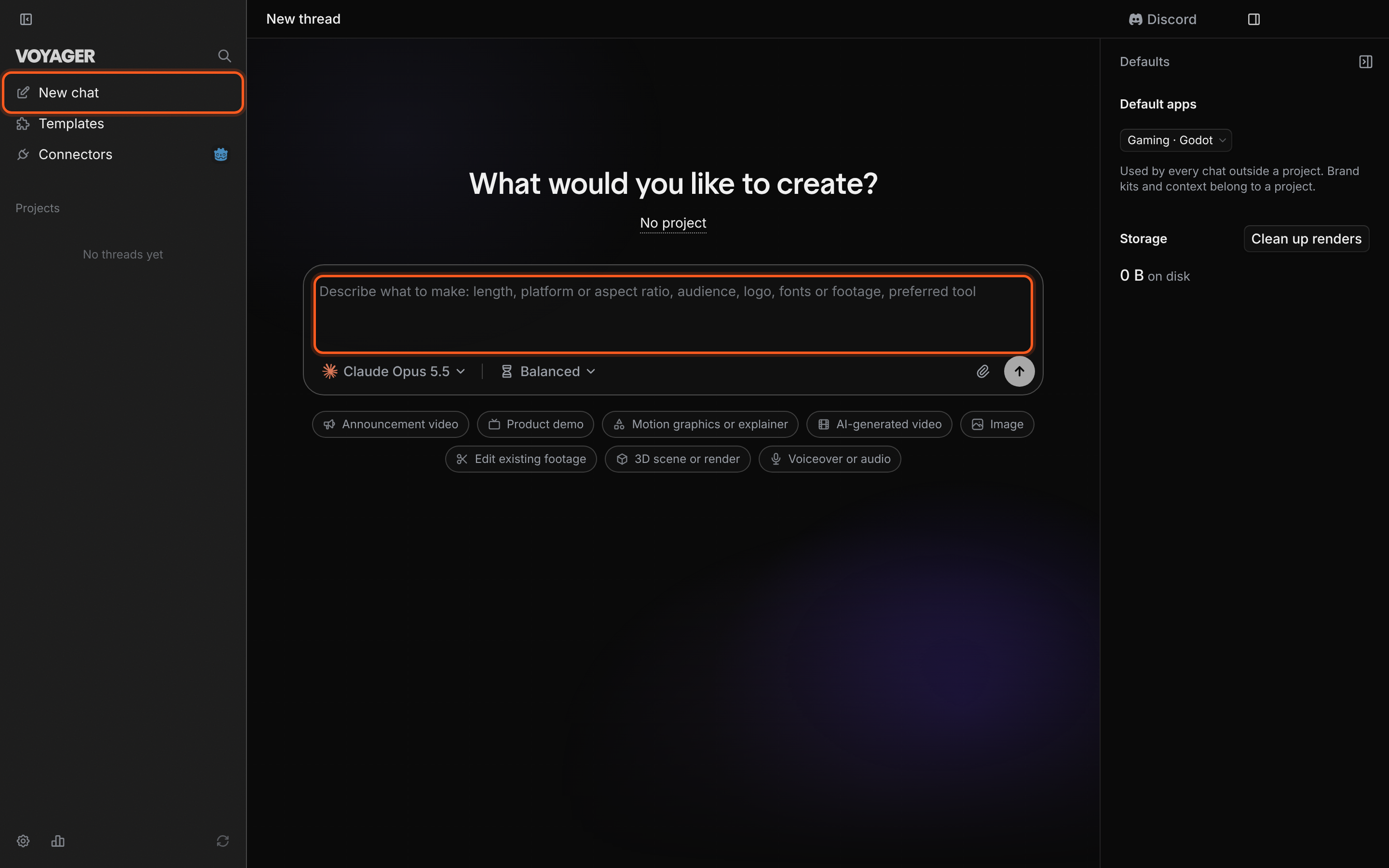 An empty Voyager chat with the message box and New chat in the sidebar.