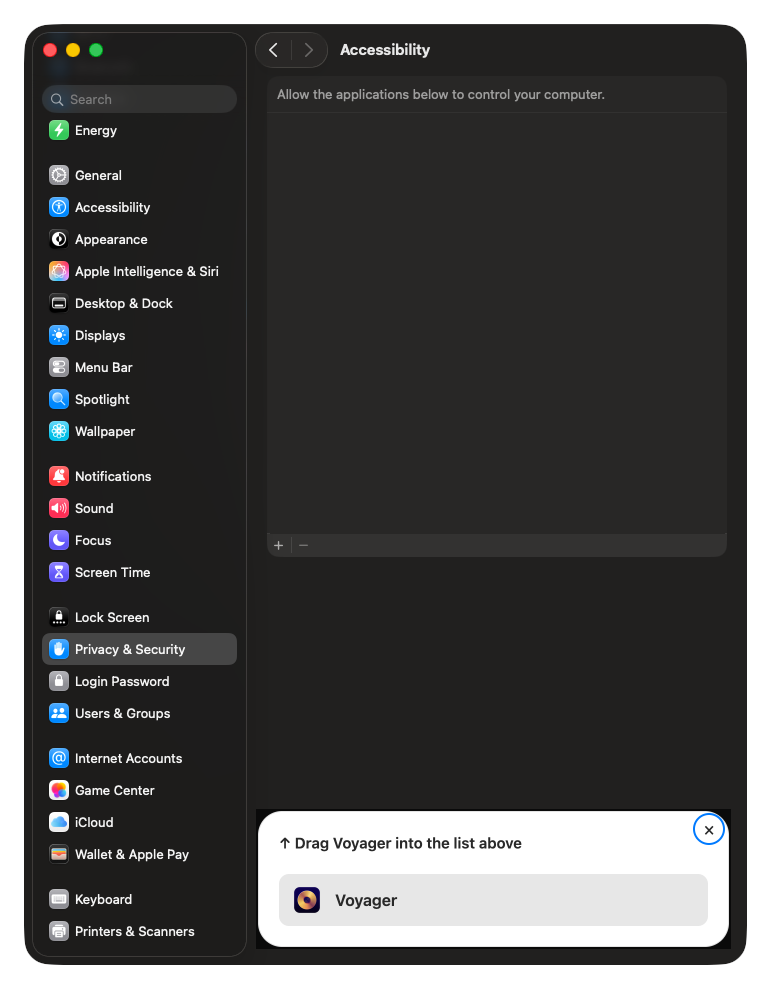 macOS System Settings open at Accessibility. Below the window, a small Voyager panel reads ↑ Drag Voyager into the list above, with a draggable Voyager icon.