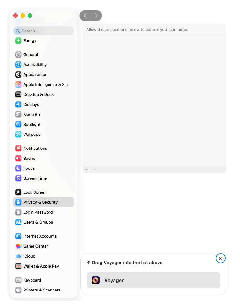 macOS System Settings open at Accessibility. Below the window, a small Voyager panel reads ↑ Drag Voyager into the list above, with a draggable Voyager icon.