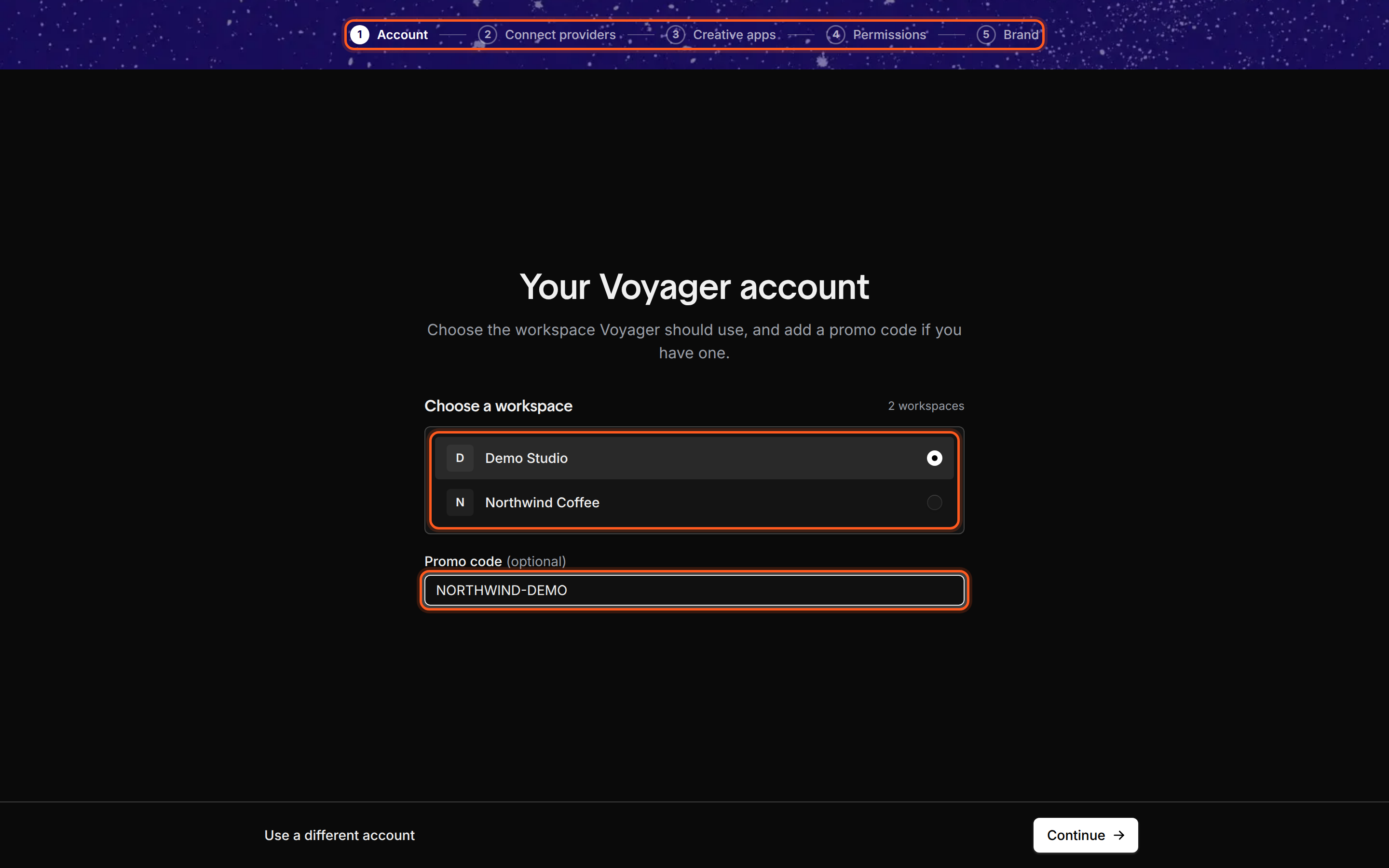 Voyager setup on the Account step. A bar across the top lists Account, Connect providers, Creative apps, Permissions and Brand. Below it, the heading Your Voyager account, a Workspace list with Demo Studio selected, a Promo code field, and a Continue button.