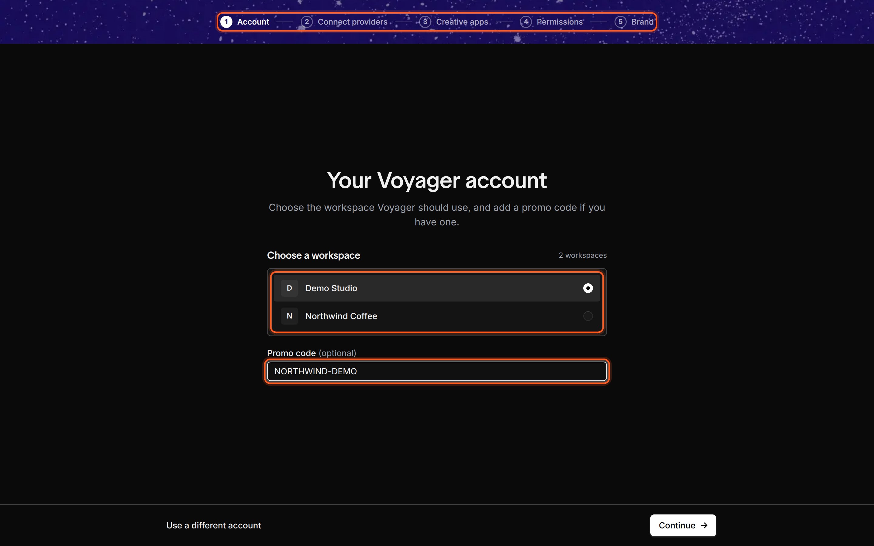 The Account step titled Your Voyager account. It reads Signed in as demo@voyager.so. Add a promo code if you have one. A Workspace list shows Demo Studio selected, with a Promo code (optional) field below and Use a different account and Continue buttons at the bottom.