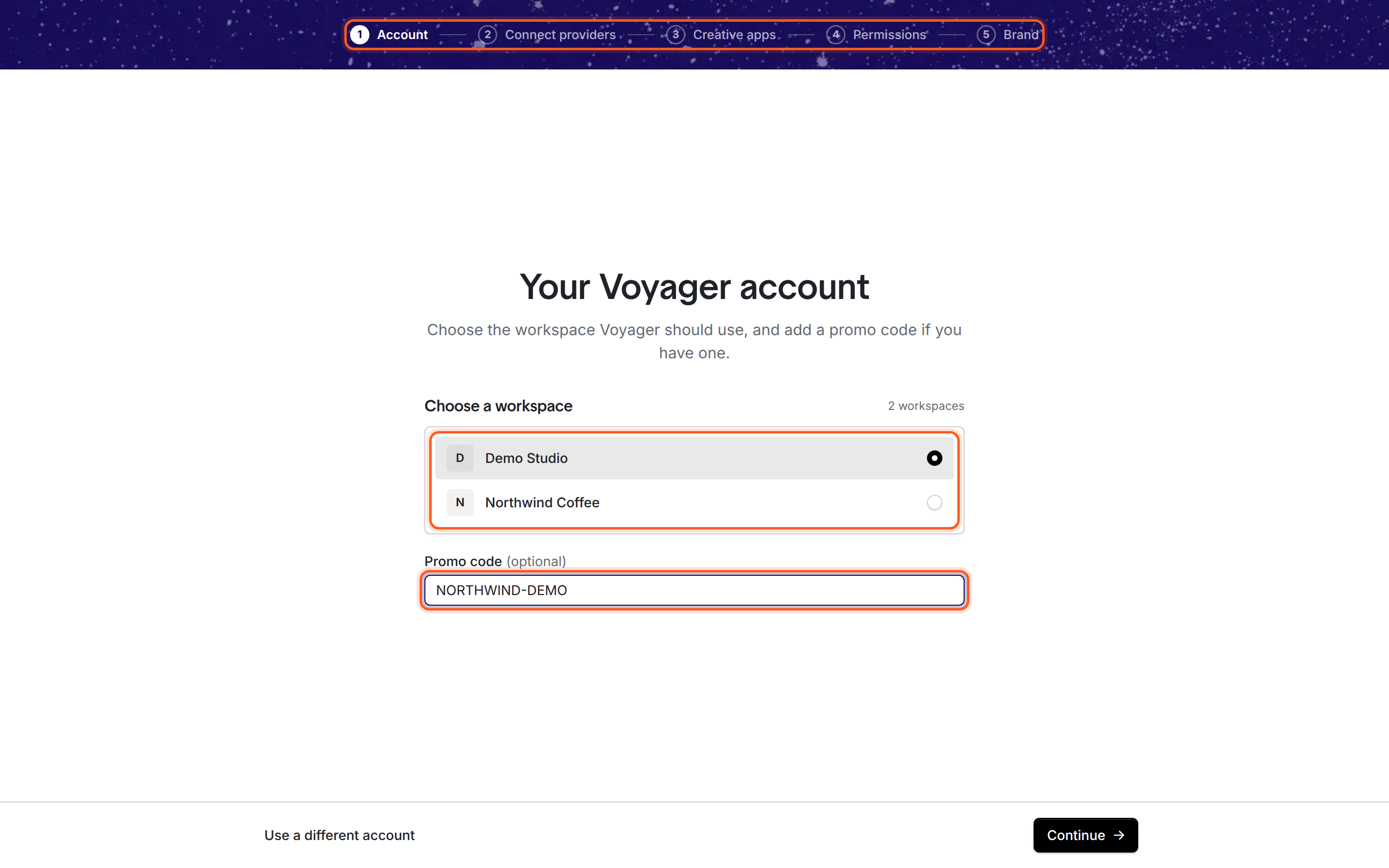Voyager setup on the Account step. A bar across the top lists Account, Connect providers, Creative apps, Permissions and Brand. Below it, the heading Your Voyager account, a Workspace list with Demo Studio selected, a Promo code field, and a Continue button.