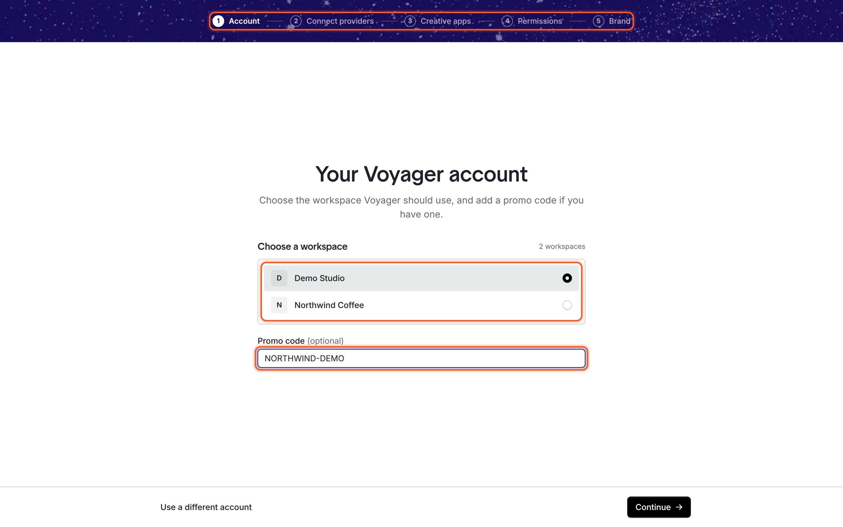 The Account step titled Your Voyager account. It reads Signed in as demo@voyager.so. Add a promo code if you have one. A Workspace list shows Demo Studio selected, with a Promo code (optional) field below and Use a different account and Continue buttons at the bottom.