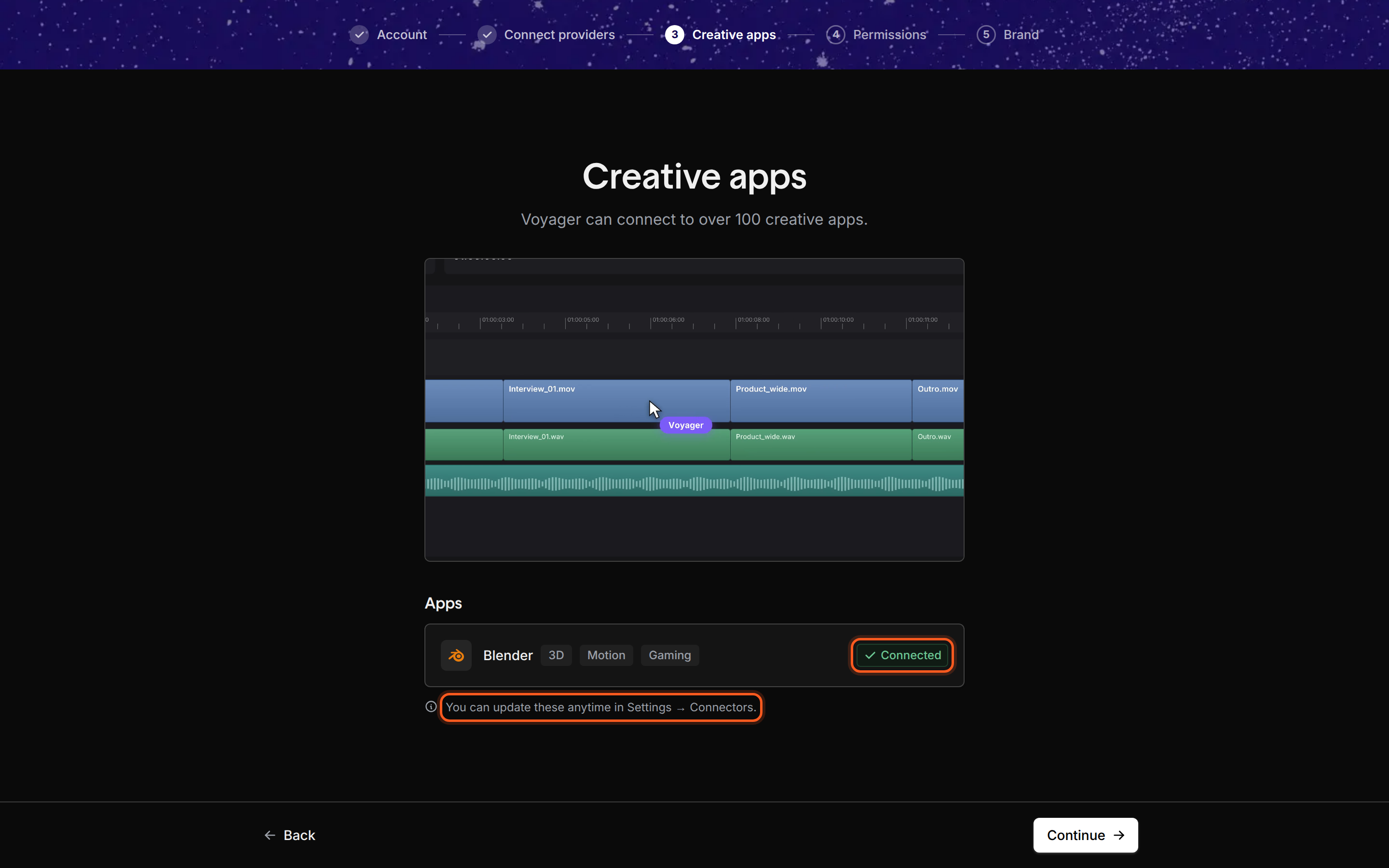 The Creative apps step titled Creative apps, with the line Voyager can connect to over 100 creative apps. A video of a timeline editor sits above an Apps section that reads No creative apps found yet. The agent uses open tools such as Remotion and FFmpeg. A note says You can update these anytime in Settings → Connectors.
