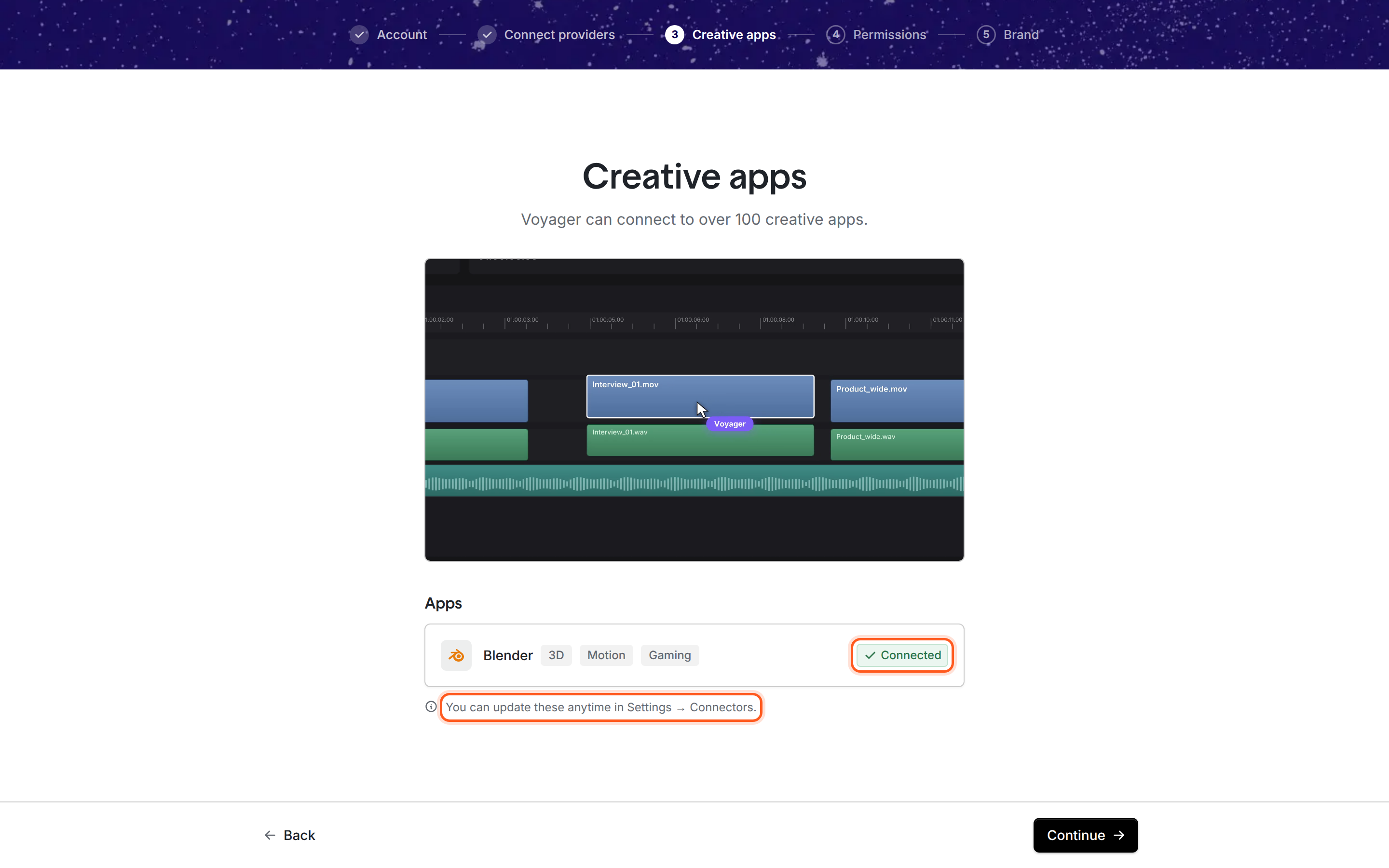 The Creative apps step titled Creative apps, with the line Voyager can connect to over 100 creative apps. A video of a timeline editor sits above an Apps section that reads No creative apps found yet. The agent uses open tools such as Remotion and FFmpeg. A note says You can update these anytime in Settings → Connectors.