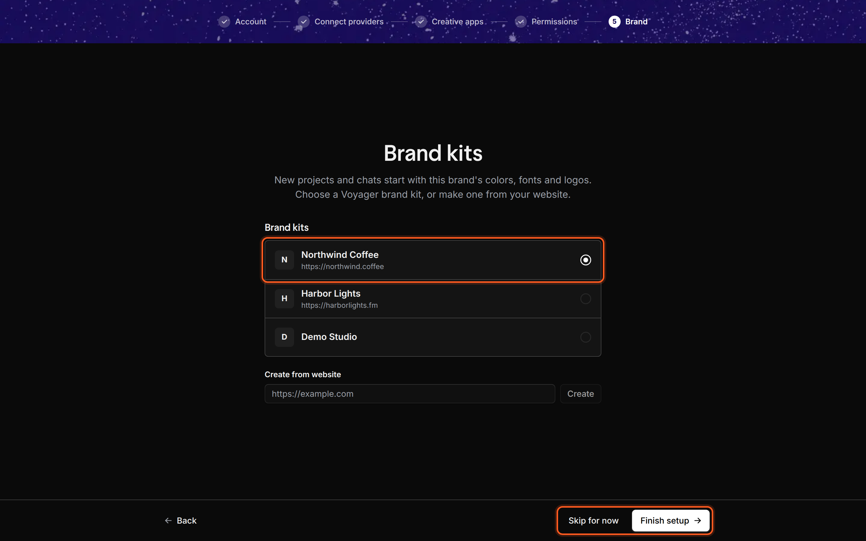 The step titled Brand kits: New projects and chats start with this brand's colors, fonts and logos. Choose a Voyager brand kit, or make one from your website. The Brand kits list reads No brand kits yet. Make one from your website below. A Create from website field shows https://example.com with a Create button. The footer has Back, Skip for now and Finish setup.