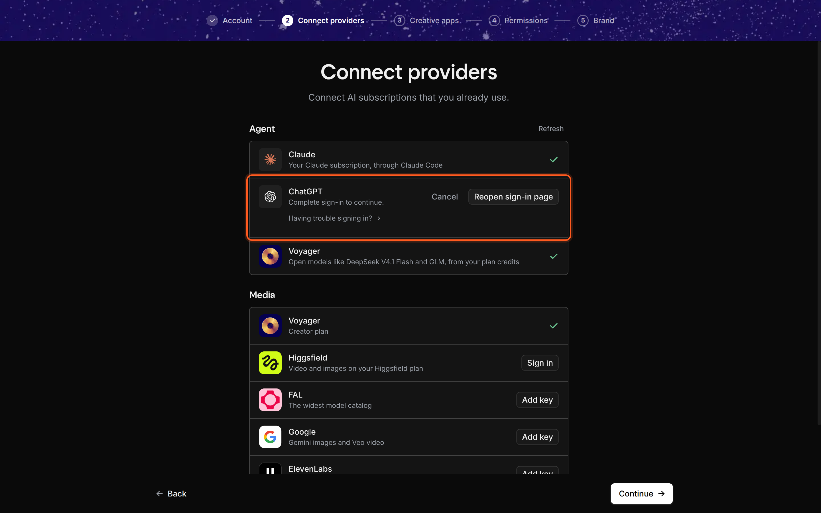 The Connect providers step. Claude is already connected. The ChatGPT row reads Complete sign-in to continue., with Cancel and Reopen sign-in page buttons and a Having trouble signing in? link.