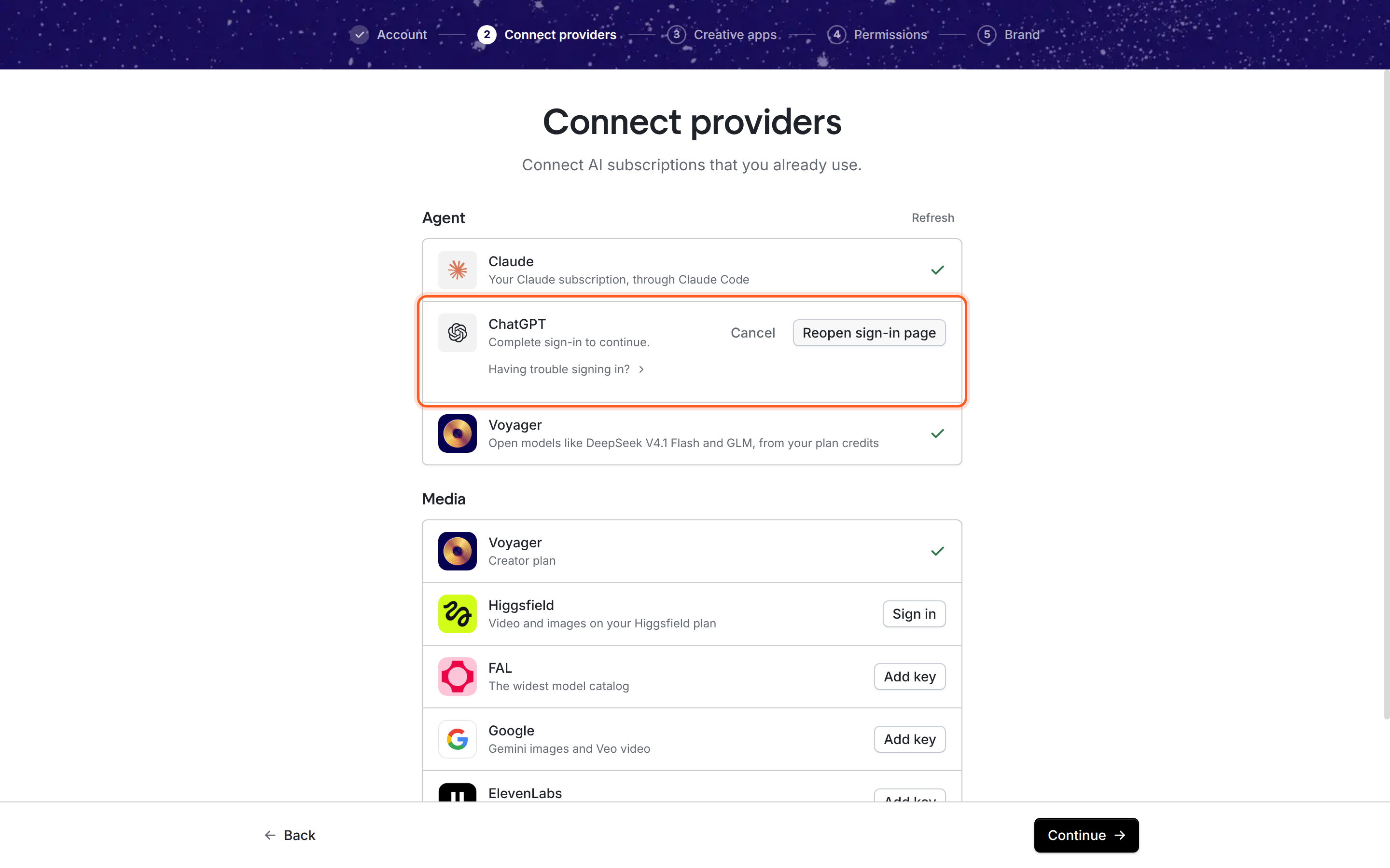 The Connect providers step. Claude is already connected. The ChatGPT row reads Complete sign-in to continue., with Cancel and Reopen sign-in page buttons and a Having trouble signing in? link.
