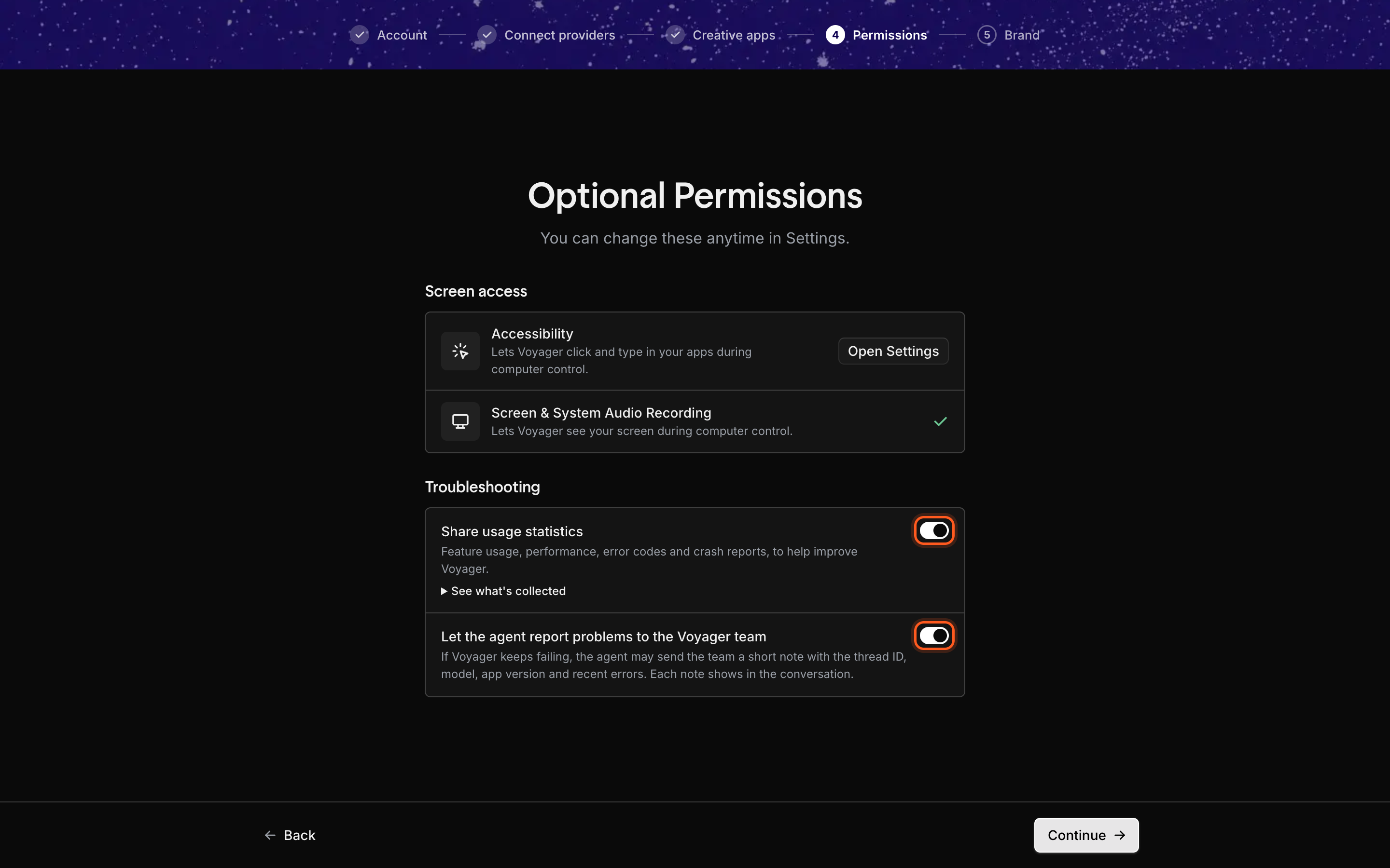 The step titled Optional Permissions, with the line You can change these anytime in Settings. A Screen access section lists Accessibility, with an Open Settings button, and Screen & System Audio Recording, marked with a green check. A Troubleshooting section has two switches, both on: Share usage statistics, with a See what's collected link, and Let the agent report problems to the Voyager team.