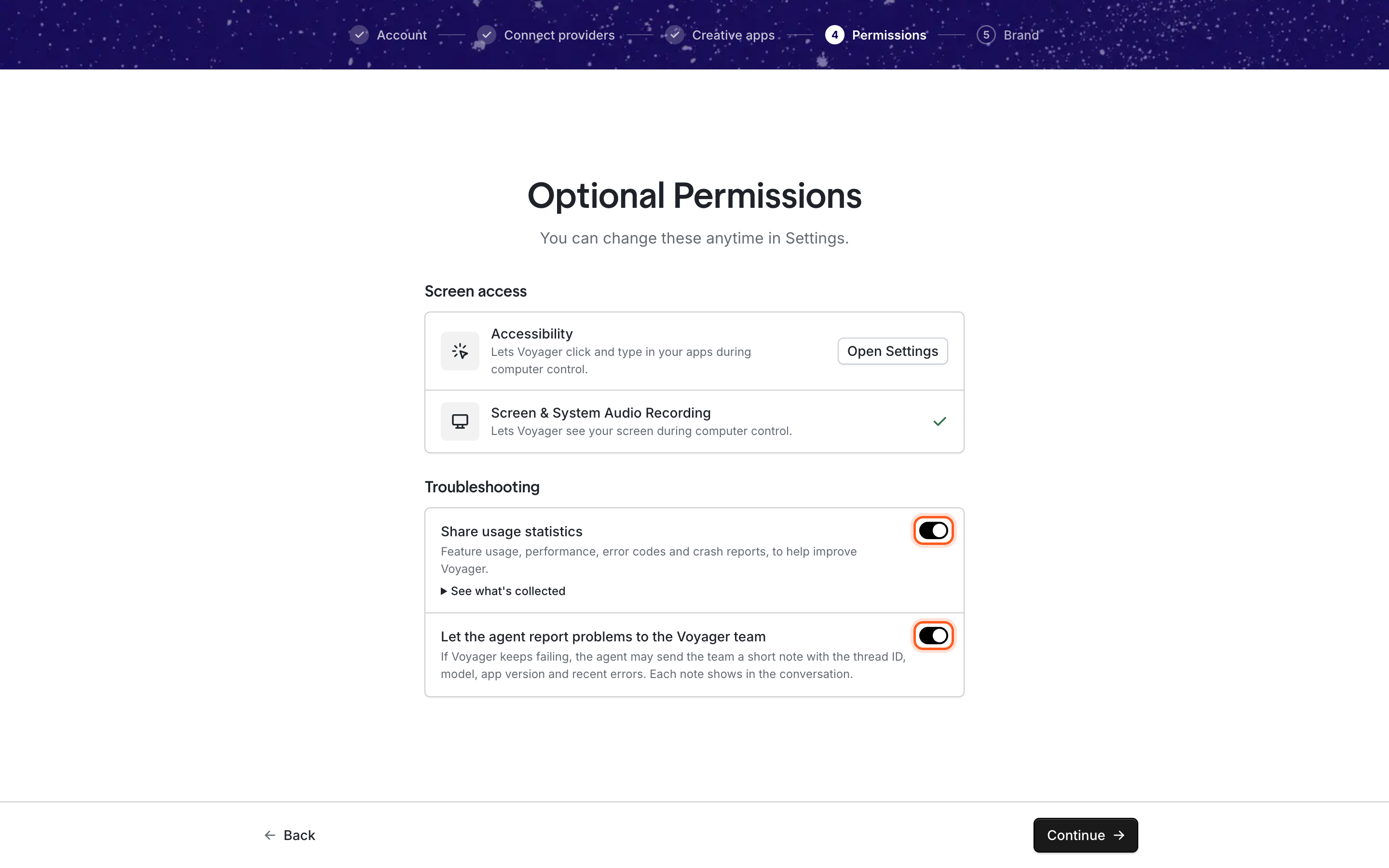 The step titled Optional Permissions, with the line You can change these anytime in Settings. A Screen access section lists Accessibility, with an Open Settings button, and Screen & System Audio Recording, marked with a green check. A Troubleshooting section has two switches, both on: Share usage statistics, with a See what's collected link, and Let the agent report problems to the Voyager team.