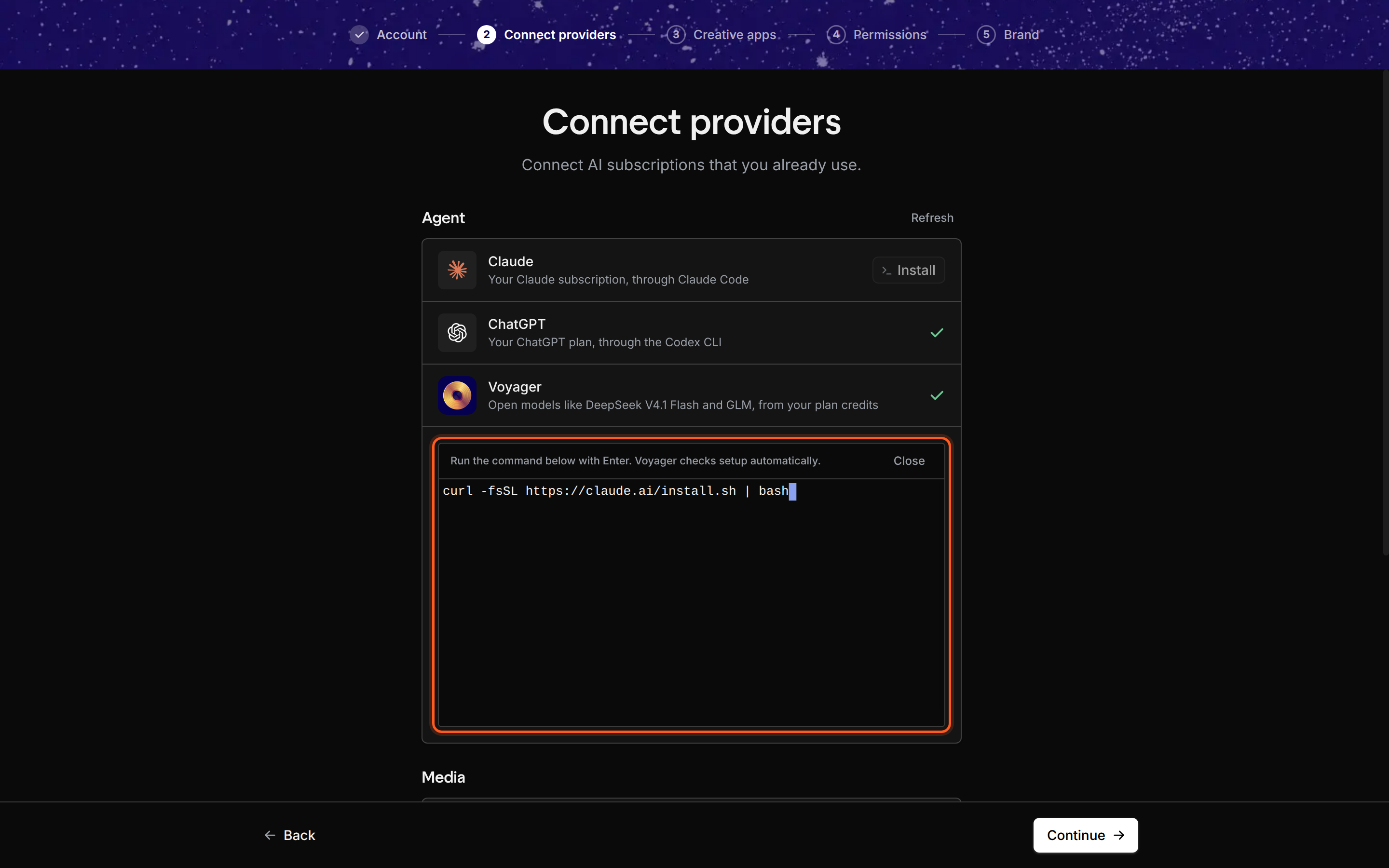 The Connect providers step with Claude showing an Install button and a terminal open under the agent list. Its status line reads Run the command below with Enter. Voyager checks setup automatically., with a Close link, and the Claude Code install command is typed at the prompt.