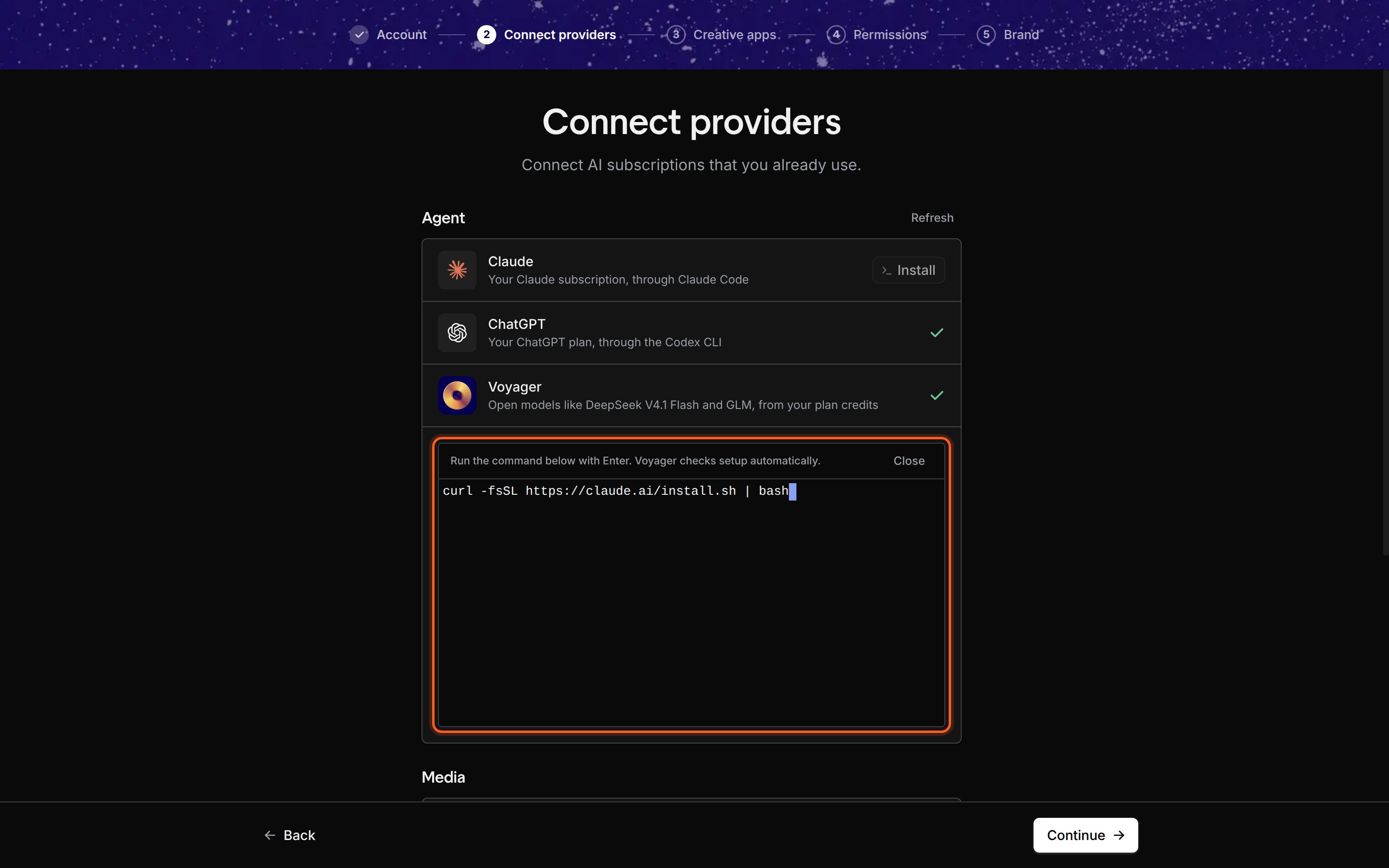 The Connect providers step with Claude showing an Install button and a terminal open under the agent list. Its status line reads Run the command below with Enter. Voyager checks setup automatically., with a Close link, and the Claude Code install command is typed at the prompt.