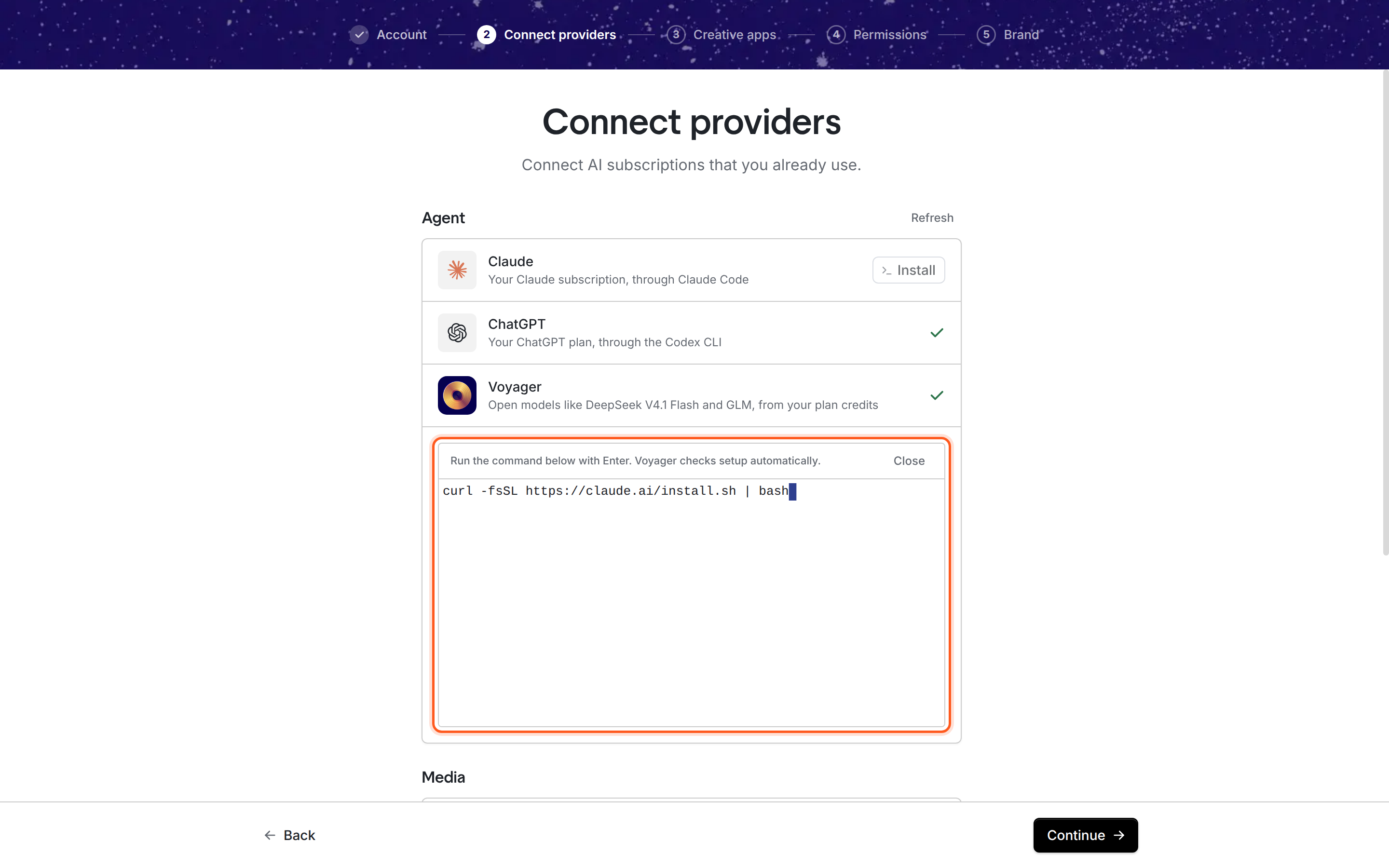 The Connect providers step with Claude showing an Install button and a terminal open under the agent list. Its status line reads Run the command below with Enter. Voyager checks setup automatically., with a Close link, and the Claude Code install command is typed at the prompt.