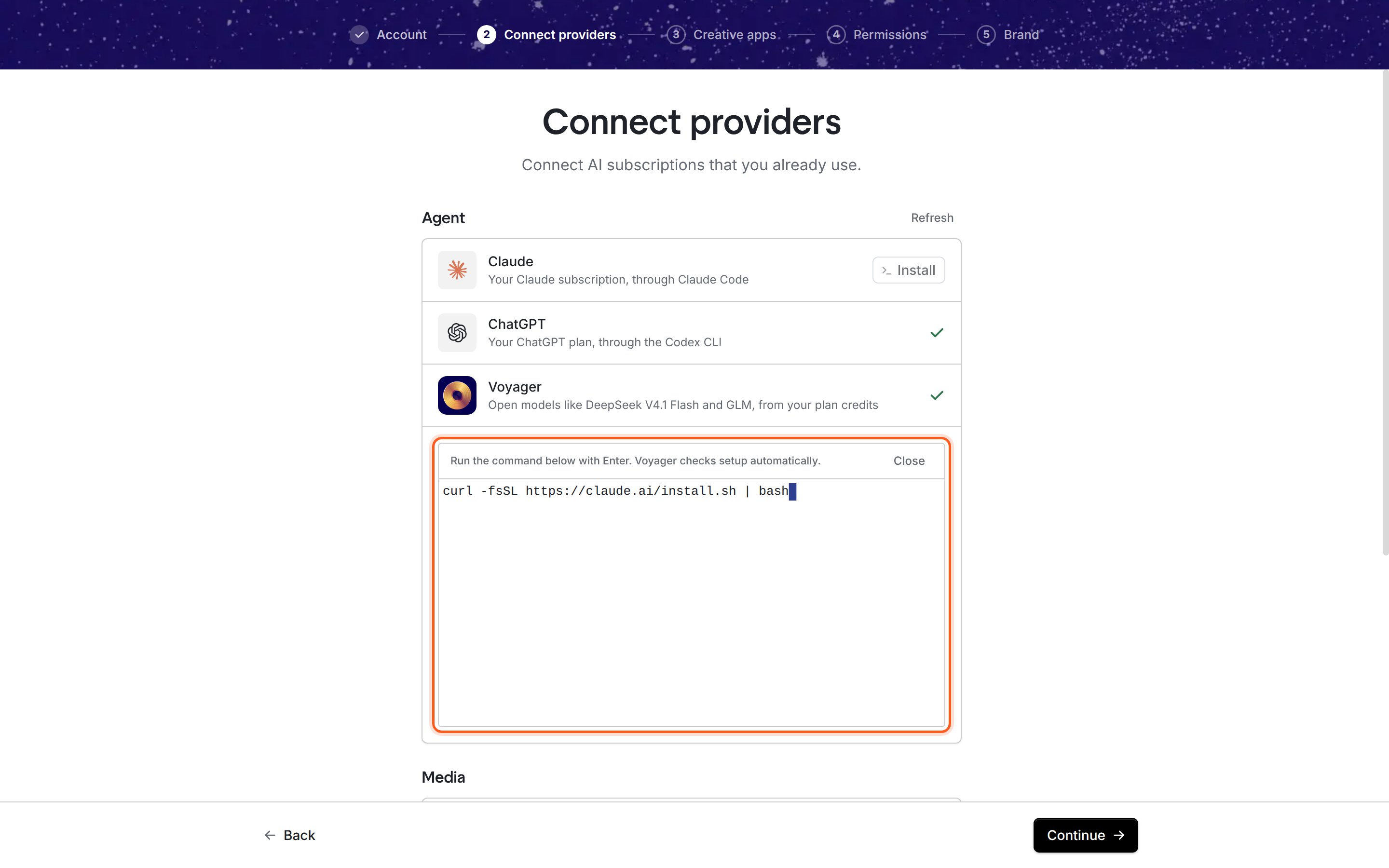 The Connect providers step with Claude showing an Install button and a terminal open under the agent list. Its status line reads Run the command below with Enter. Voyager checks setup automatically., with a Close link, and the Claude Code install command is typed at the prompt.